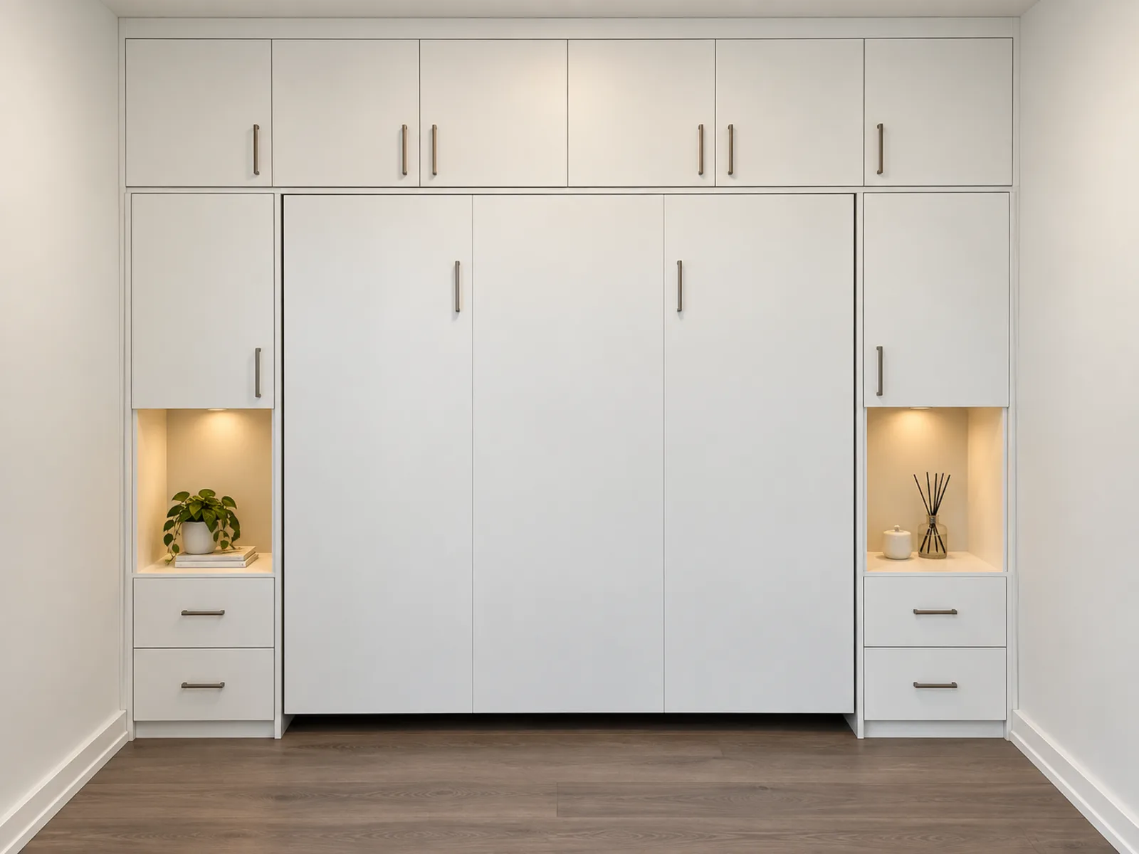 Completed Roomidea Murphy bed project with white wall-bed cabinetry, overhead cabinets, illuminated side niches and paired drawers