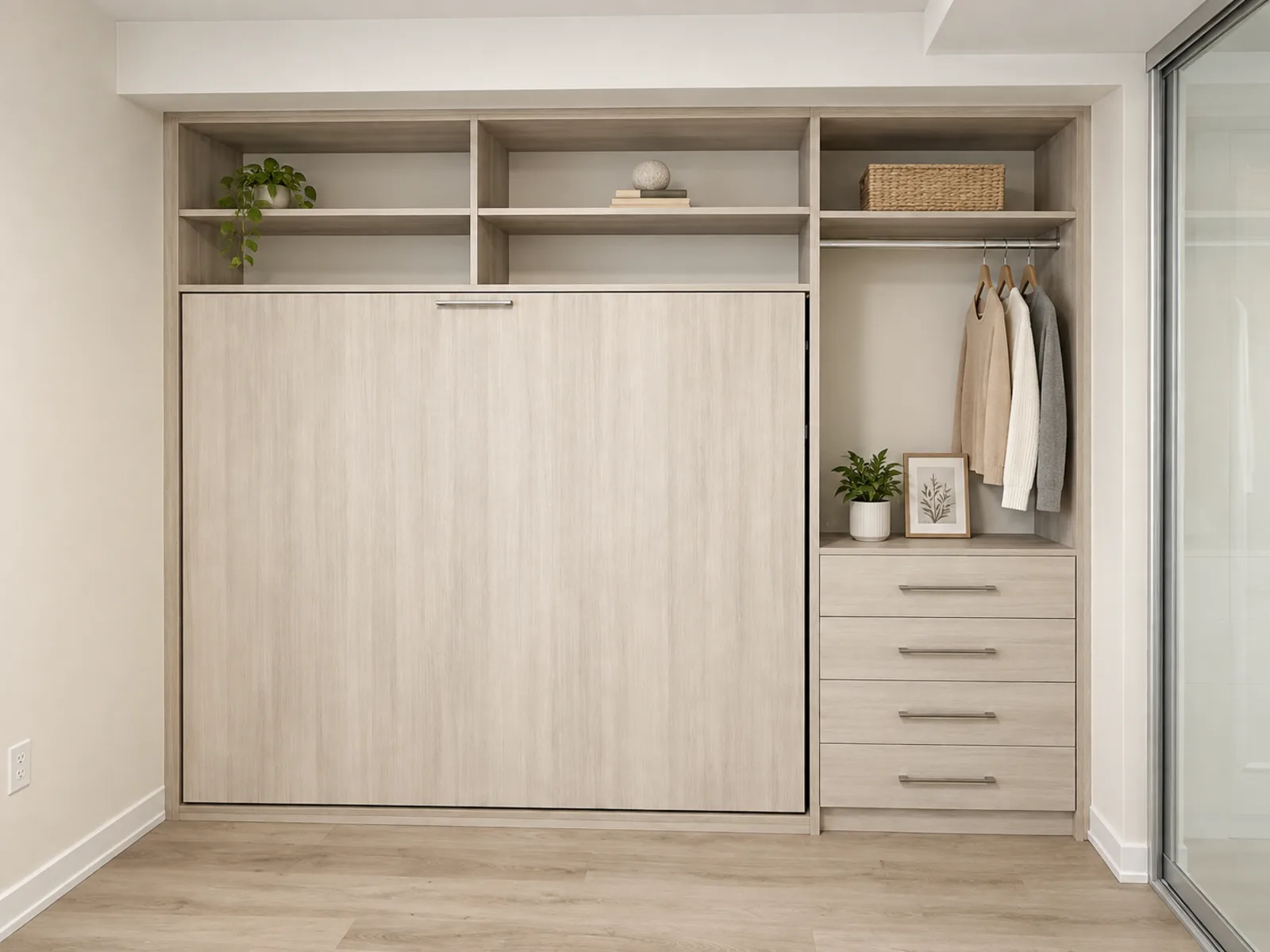 Completed Roomidea wall bed project with light wood-toned cabinetry, open shelves, a hanging wardrobe section and four drawers