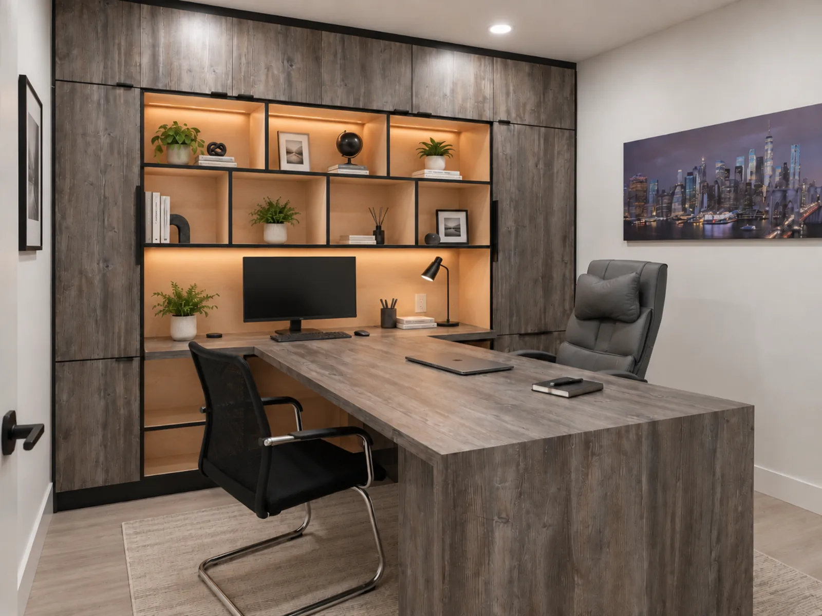 Completed home office with dark woodgrain cabinetry, illuminated open shelves, a built-in workstation and peninsula desk