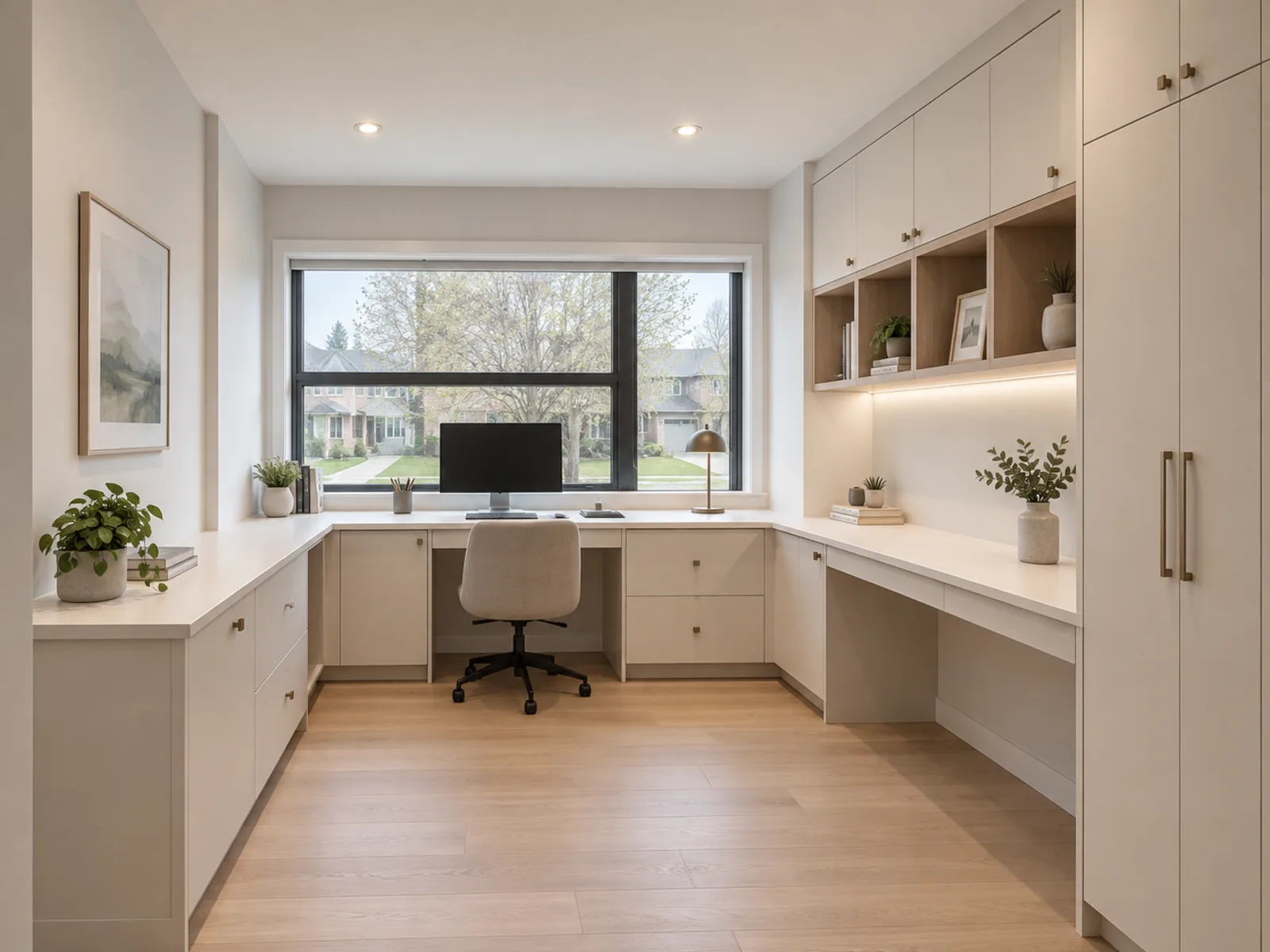 Completed home office with light U-shaped cabinetry, a window-facing built-in desk, display niches, drawers and tall storage