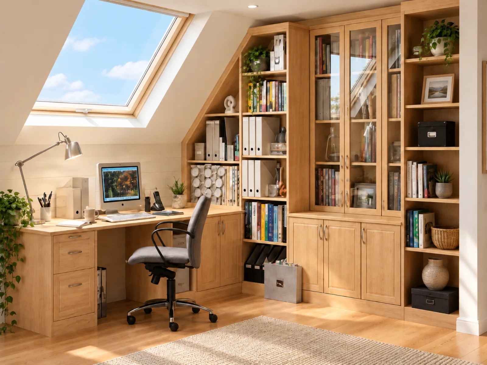 Completed home office with a built-in desk and bookcases fitted beneath a sloped ceiling, with glass-front and closed cabinets