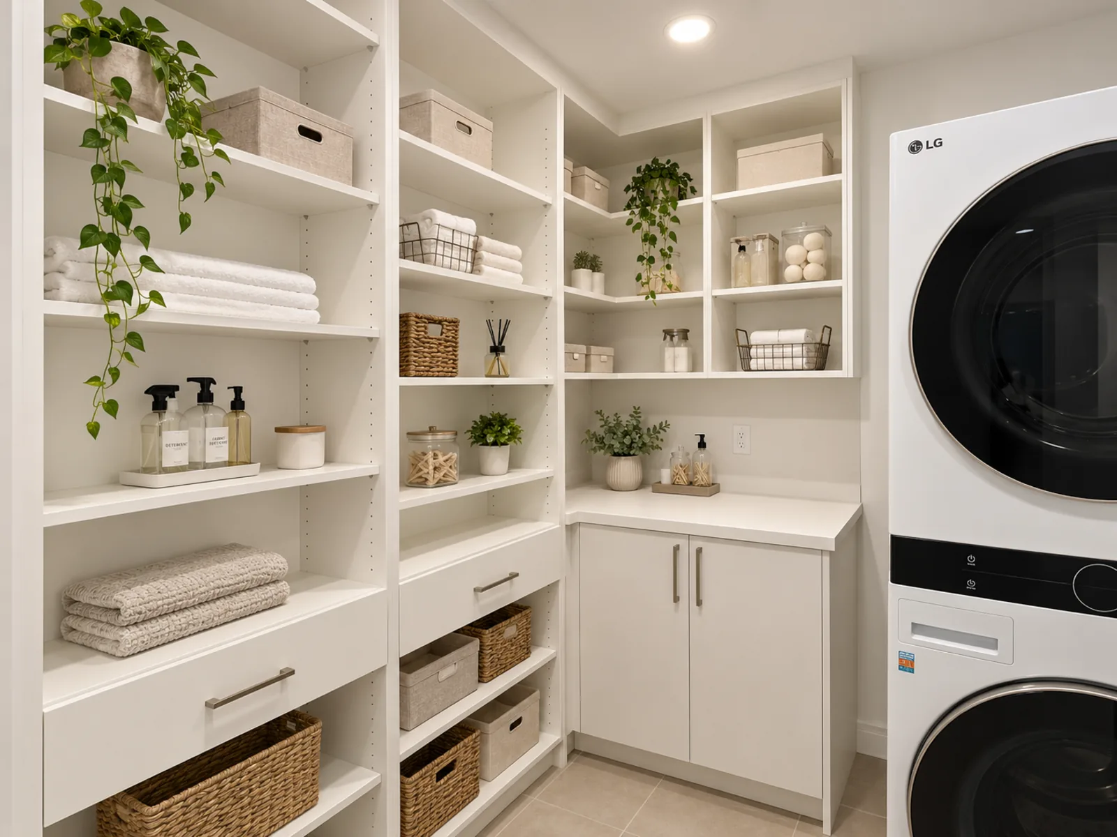 Completed Roomidea laundry room with open shelving, a stacked washer and dryer, a closed base cabinet and counter