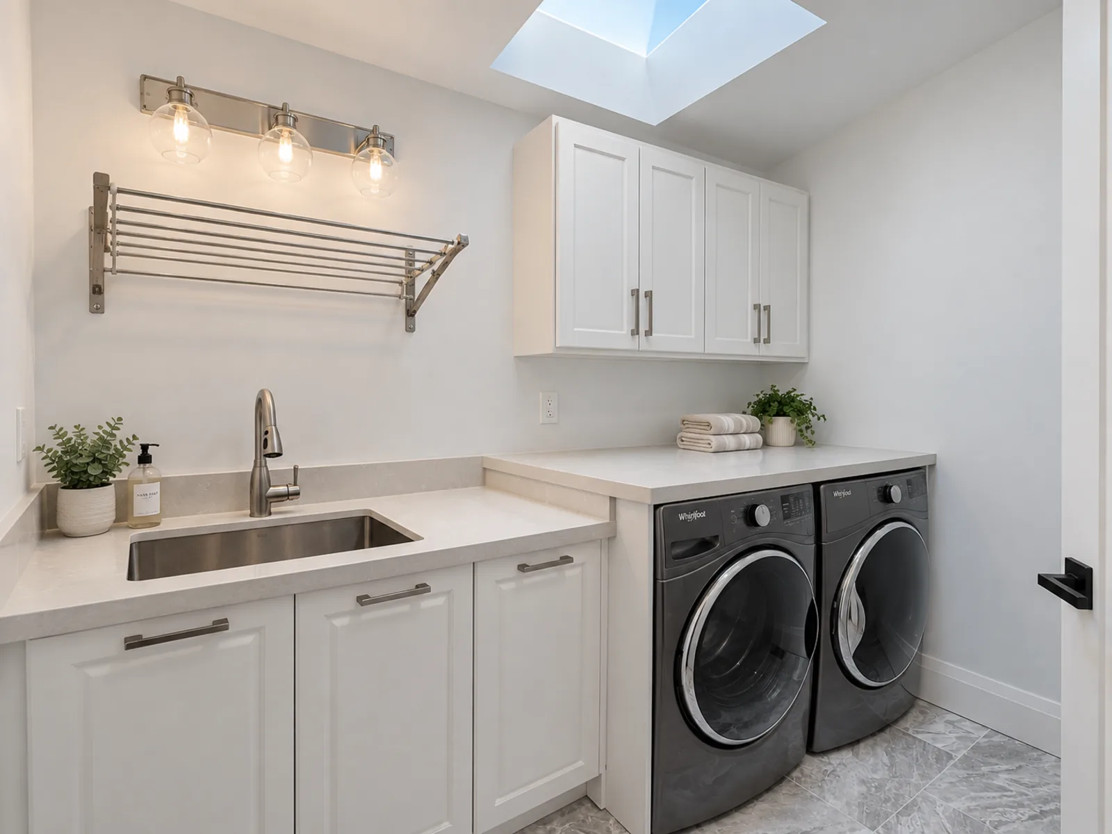 Completed Roomidea skylit laundry room with sink cabinets, upper storage, side-by-side washer and dryer, a folding counter and wall-mounted drying rack