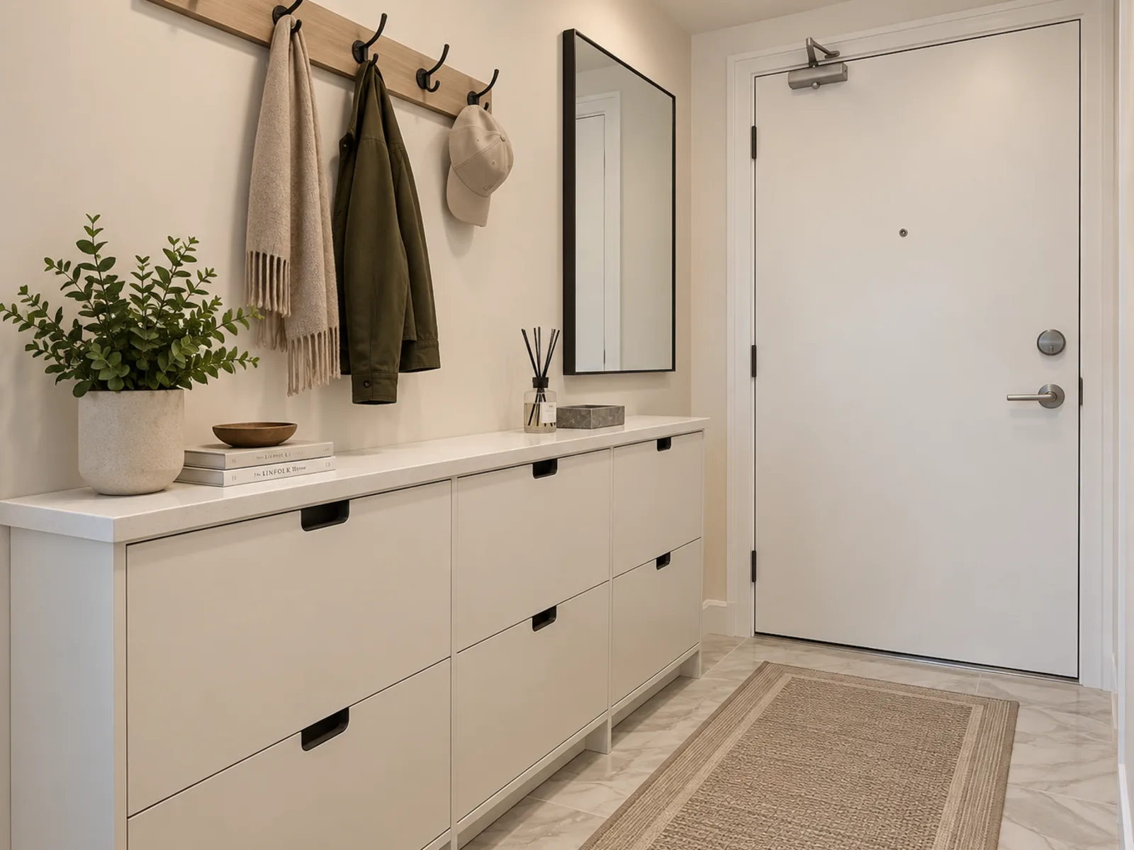 Completed Roomidea entryway with low cabinets containing tilt-out shoe storage, wall hooks and a vertical mirror