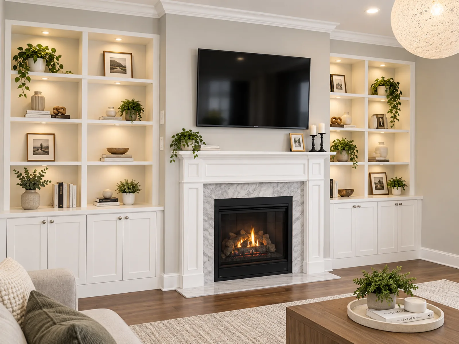 Completed Roomidea traditional fireplace wall with lit open bookcases, white profiled base cabinets and a television above the mantel