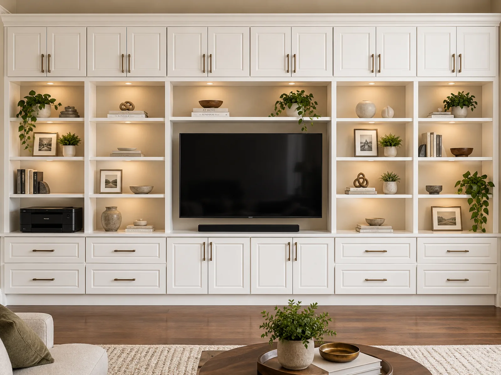 Completed Roomidea full-wall white media unit with upper cabinets, illuminated display shelves, a central television, drawers and closed storage