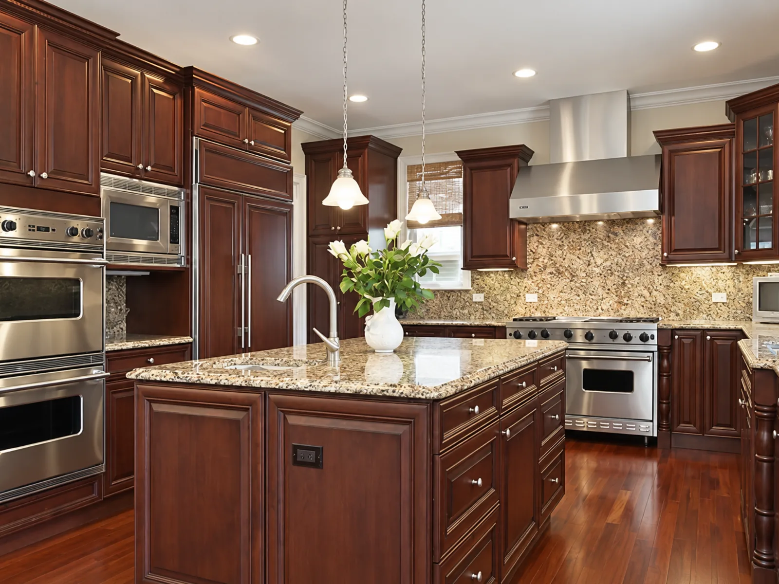 Completed traditional kitchen with rich wood cabinetry, stacked crown moulding, a broad metal range hood and a central island