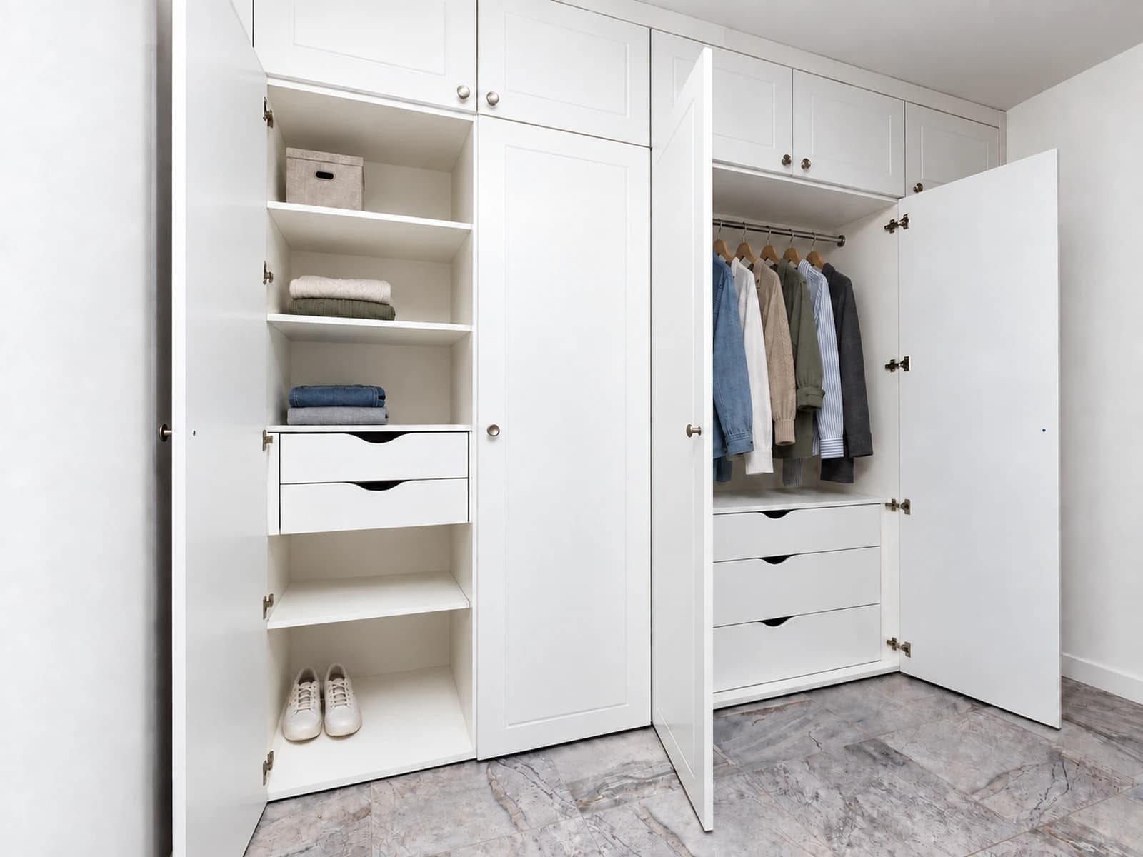 Full-height wardrobe doors opened to reveal concealed drawers and accessories