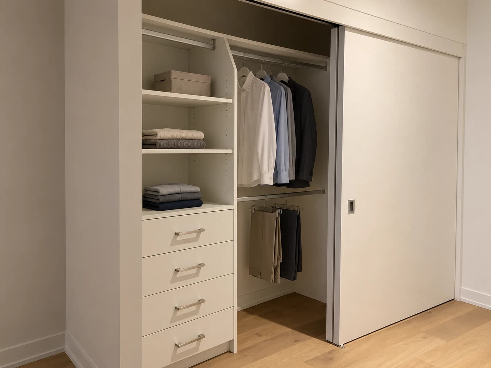 Reach-in closet with angled centre panel and shallow upper shelf