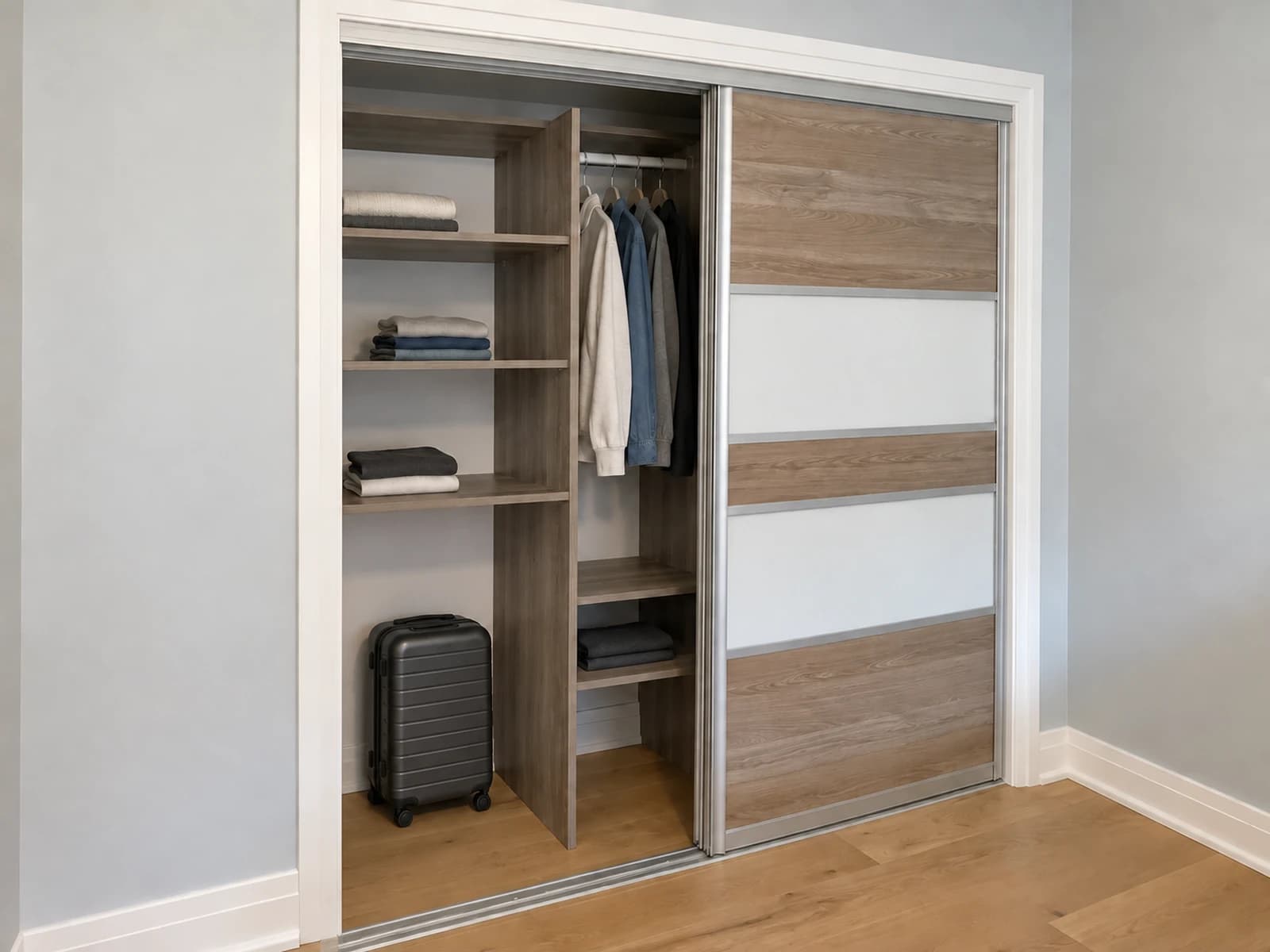 Reach-in closet with square side panel and shallow top shelf