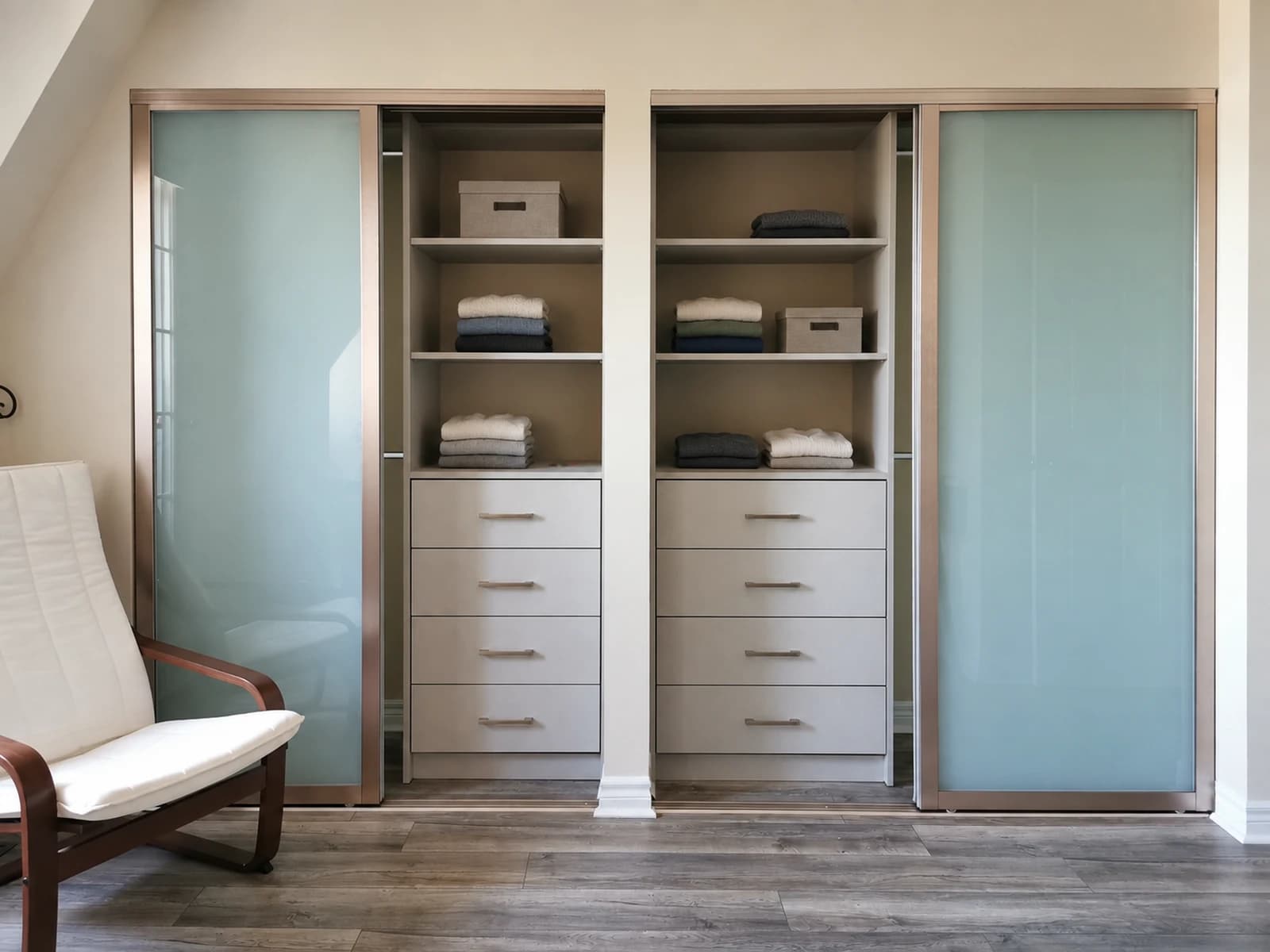Two side-by-side reach-in closets with separate storage sections