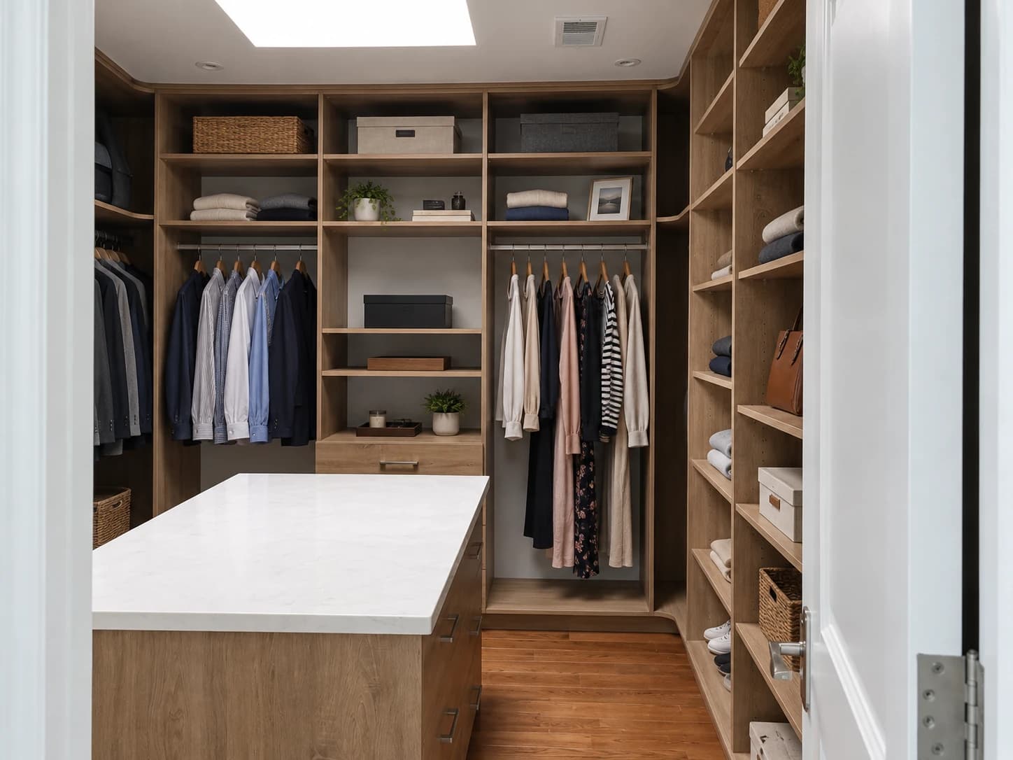 Walk-in closet with fitted wall storage and a central drawer island.