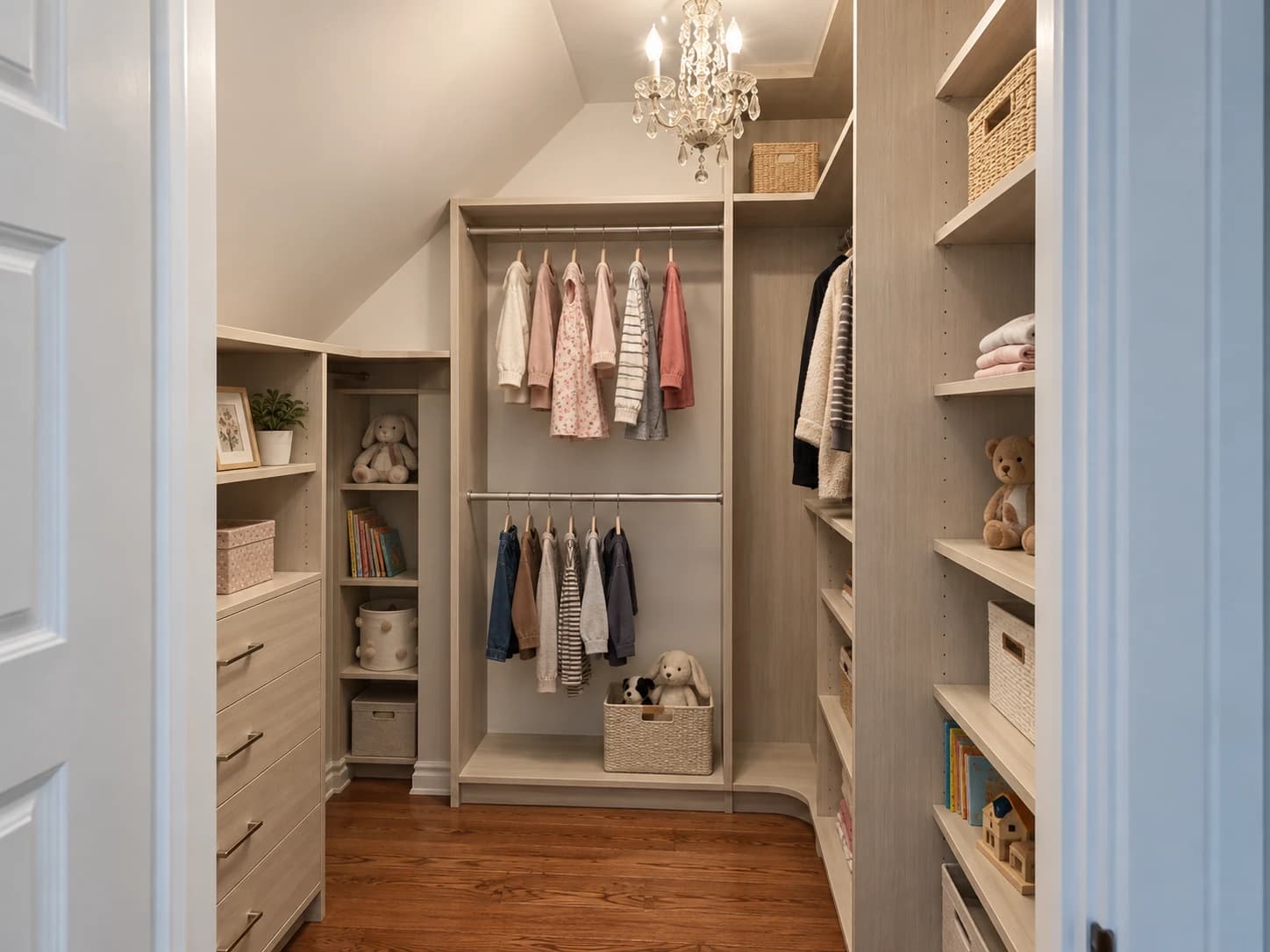 Walk-in closet fitted beneath a sloped ceiling with stepped cabinetry.