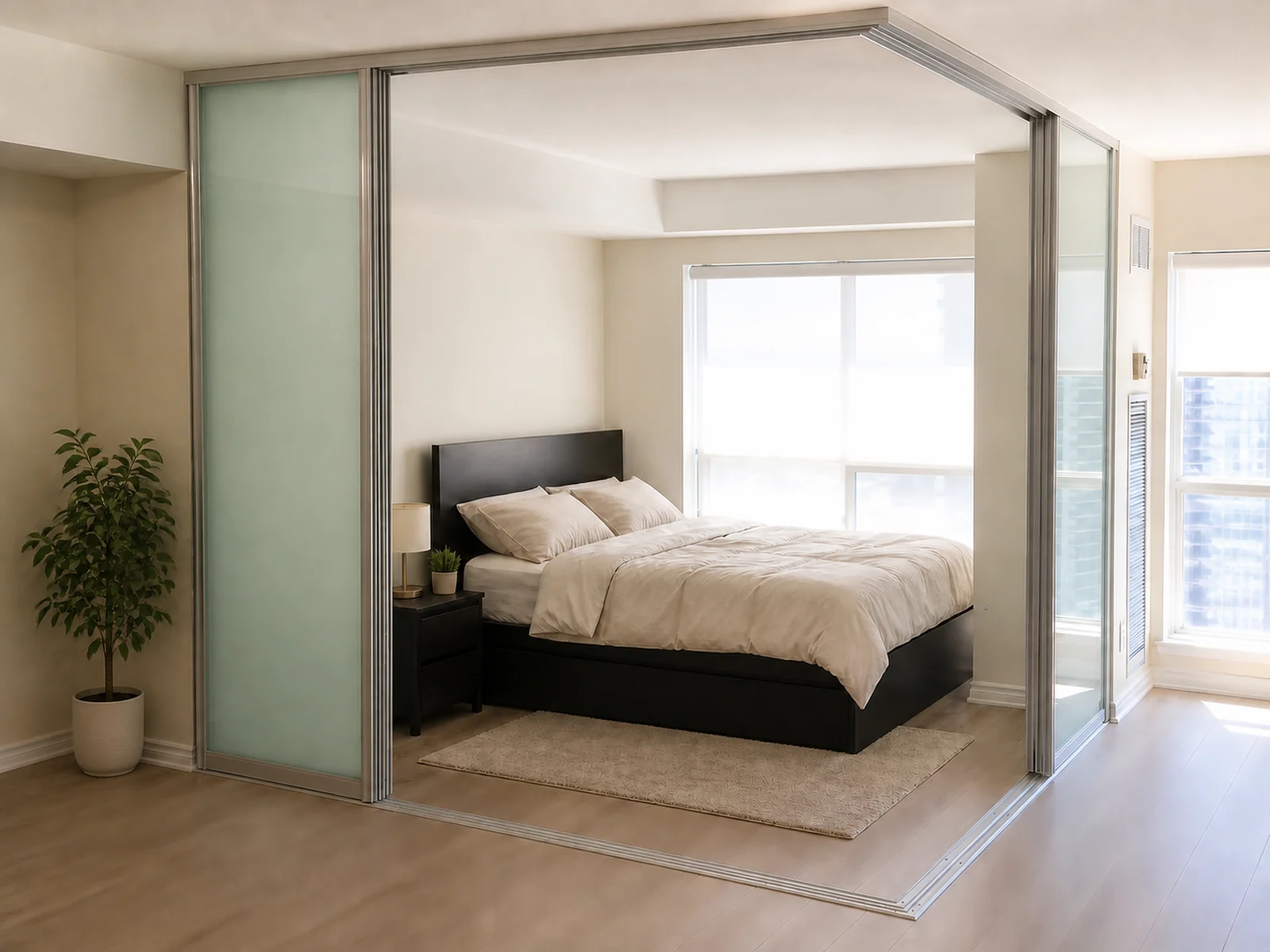 Completed silver-framed L-shaped sliding room divider defining a sleeping area within an open condo.