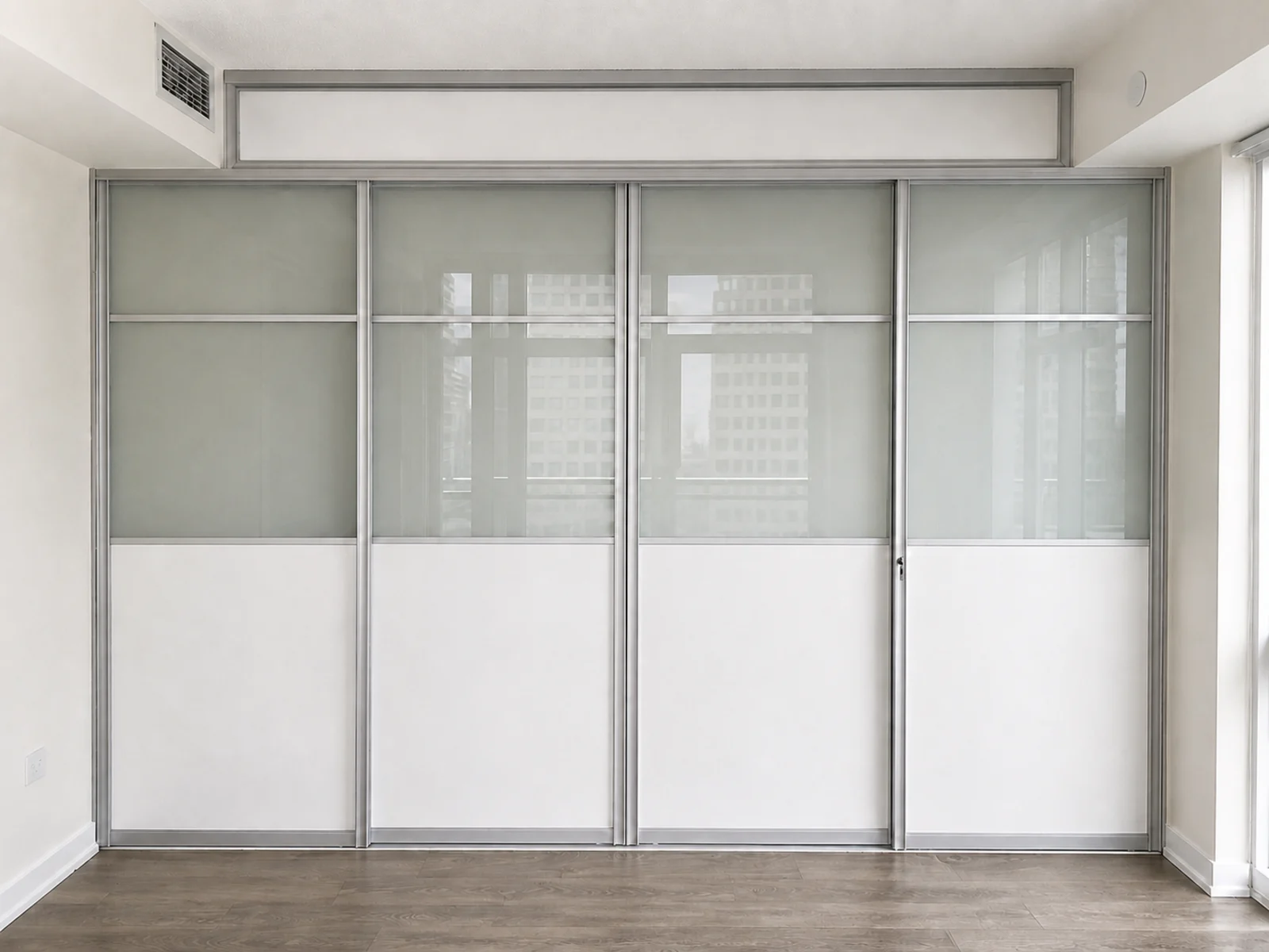 Silver-framed room divider with four frosted sliding panels below a fixed horizontal top panel.
