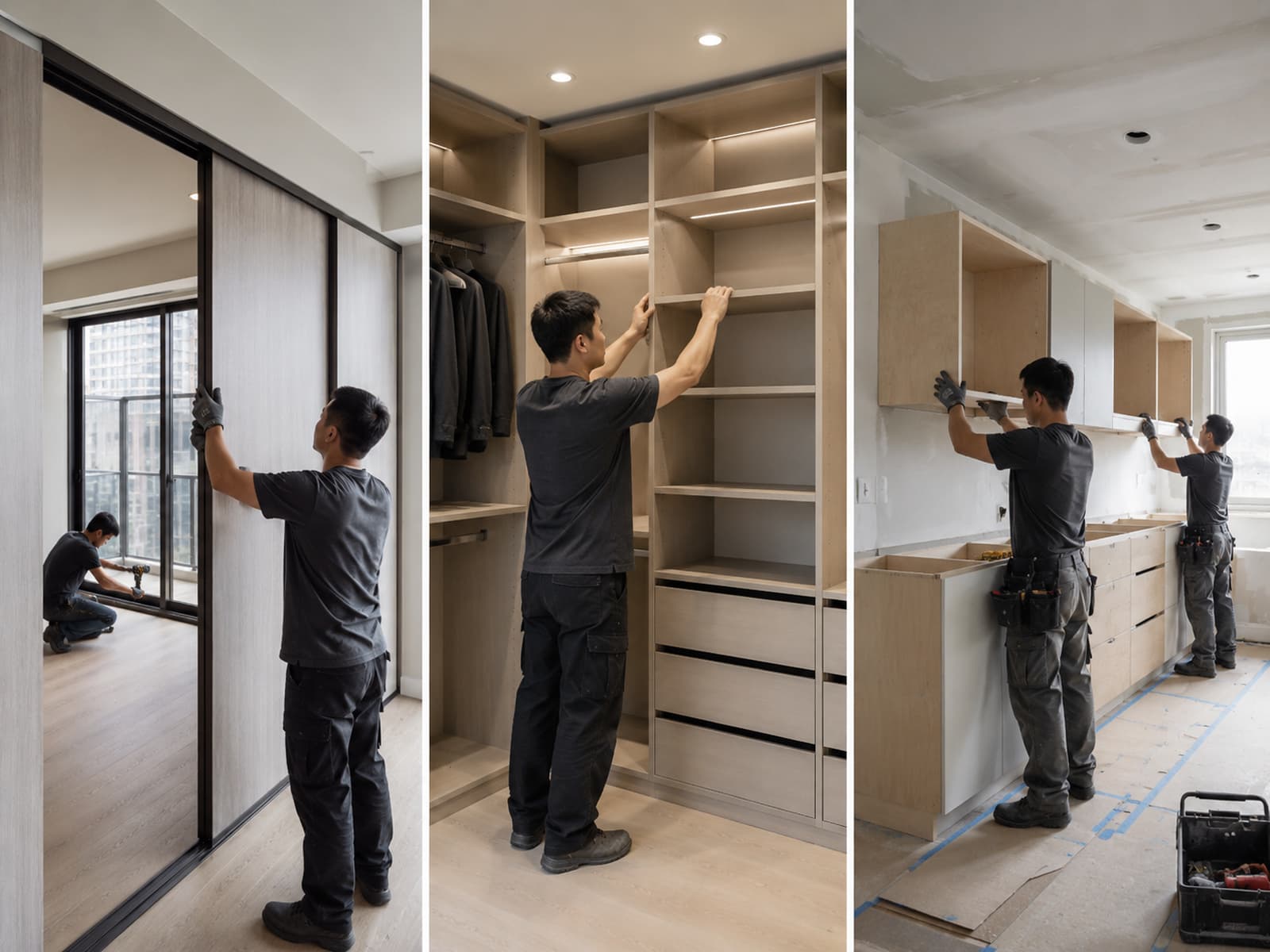 Installation teams fitting sliding doors, closets and cabinetry in varied project settings