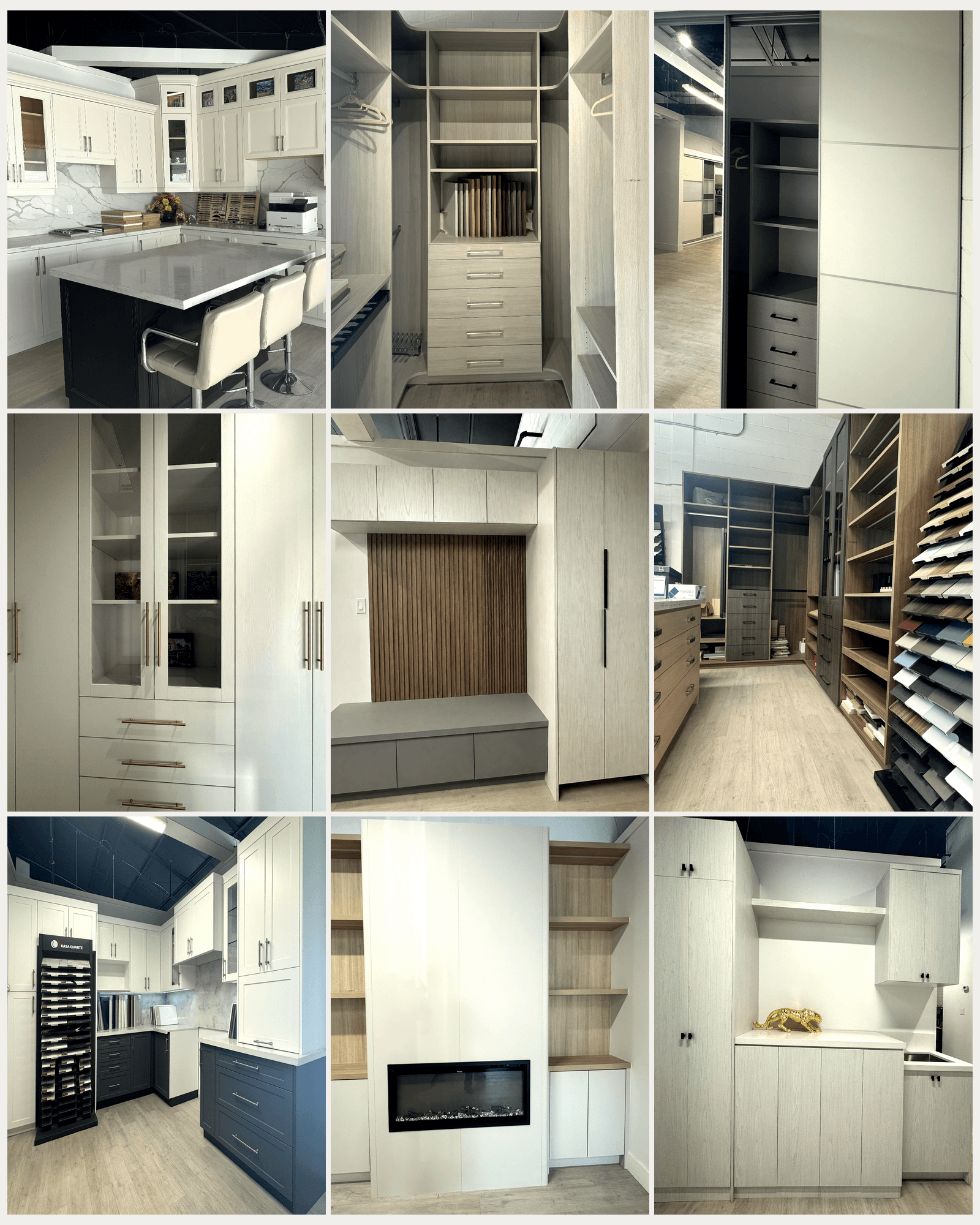 Nine-view collage of Roomidea's North York showroom displays and material samples