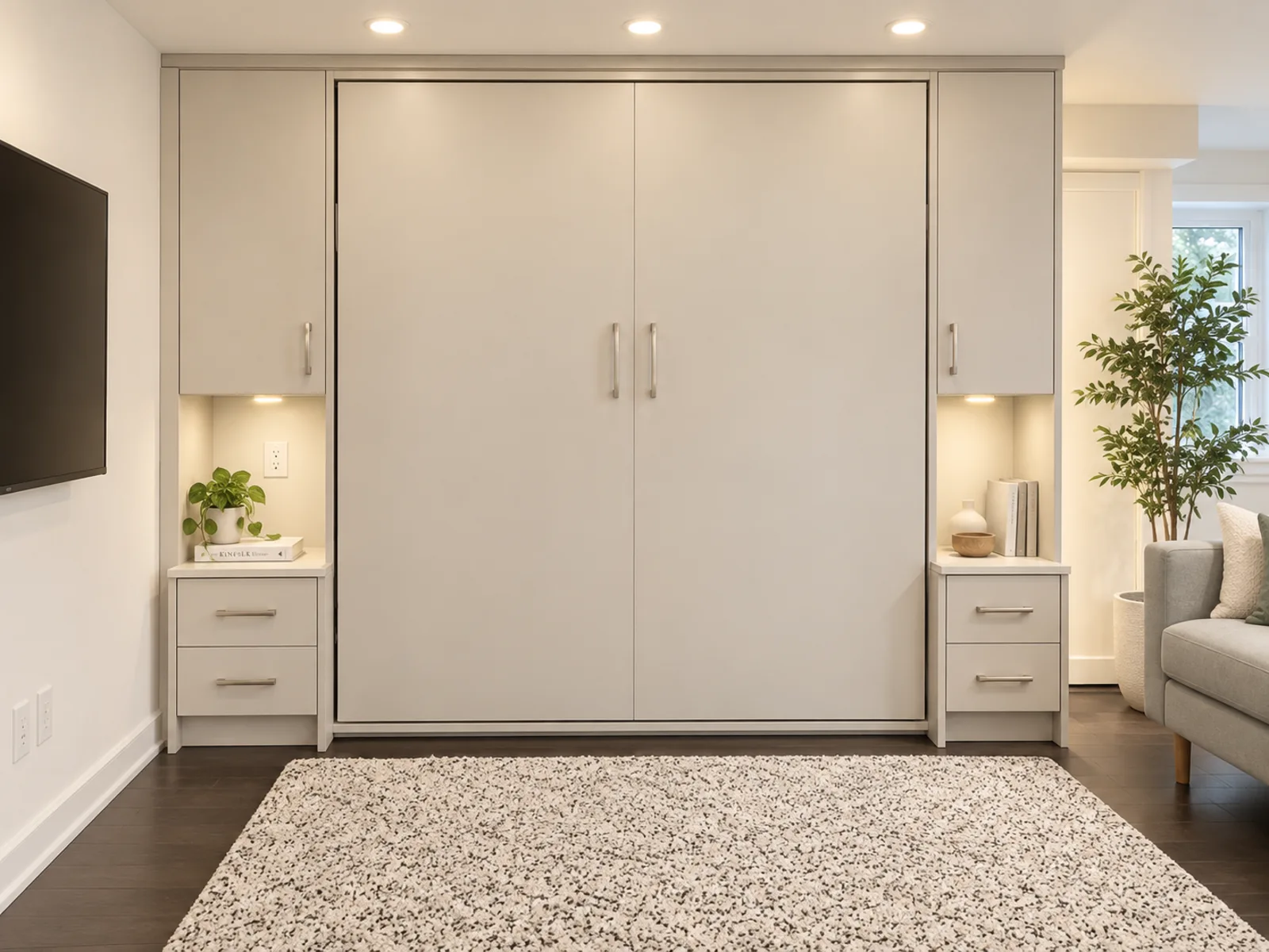 Completed Roomidea wall bed project with neutral cabinetry, illuminated bedside niches and paired drawer storage