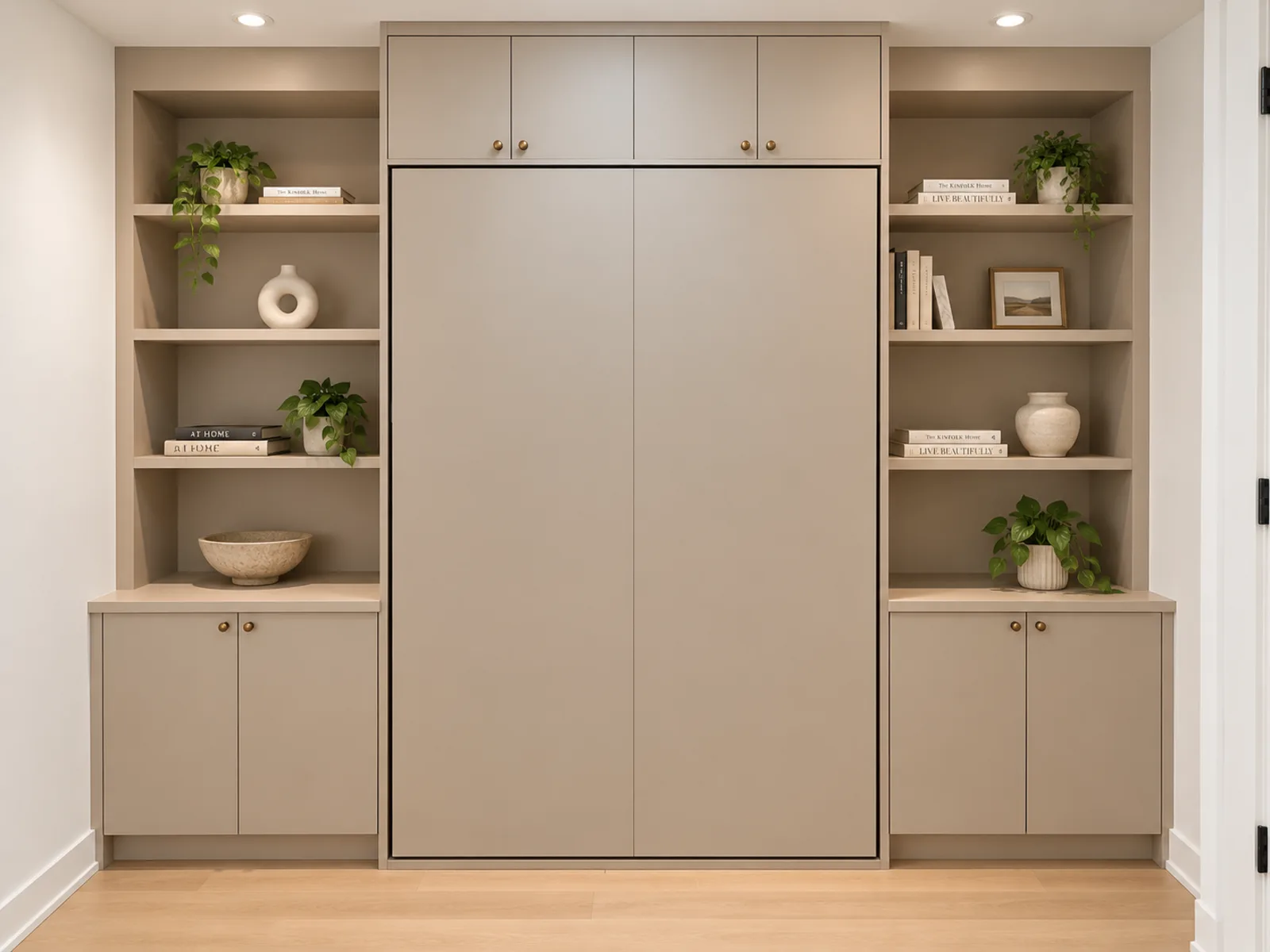 Completed Roomidea wall bed project with neutral cabinetry, symmetrical open bookcases, lower cabinets and overhead storage