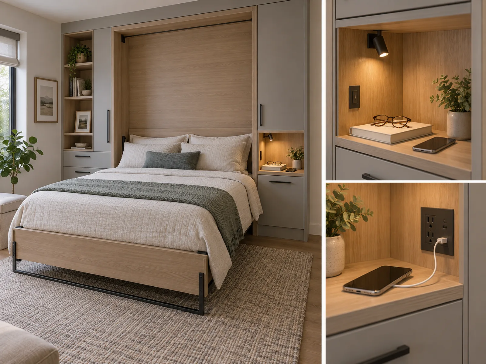 Open wall bed with bedside shelves, reading lights and accessible power beside coordinated cabinetry.