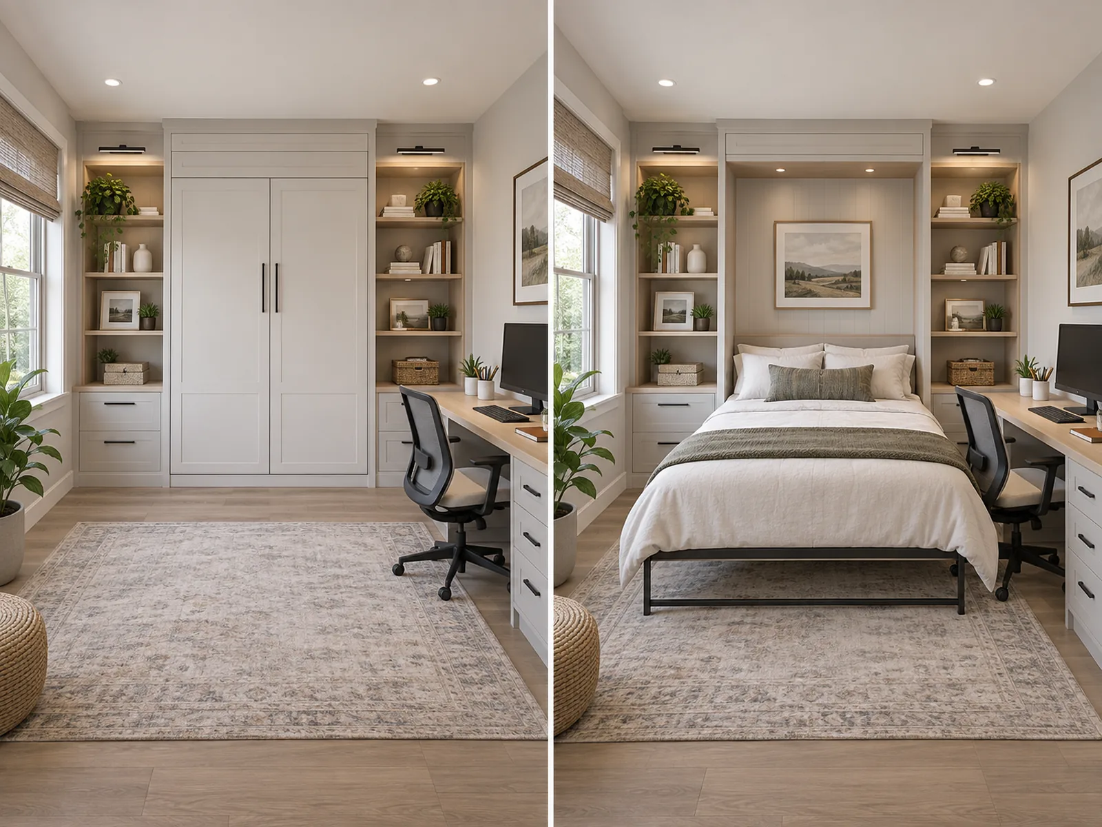 Matching closed and open views of a home office and guest room with a wall bed, fixed desk and office storage.