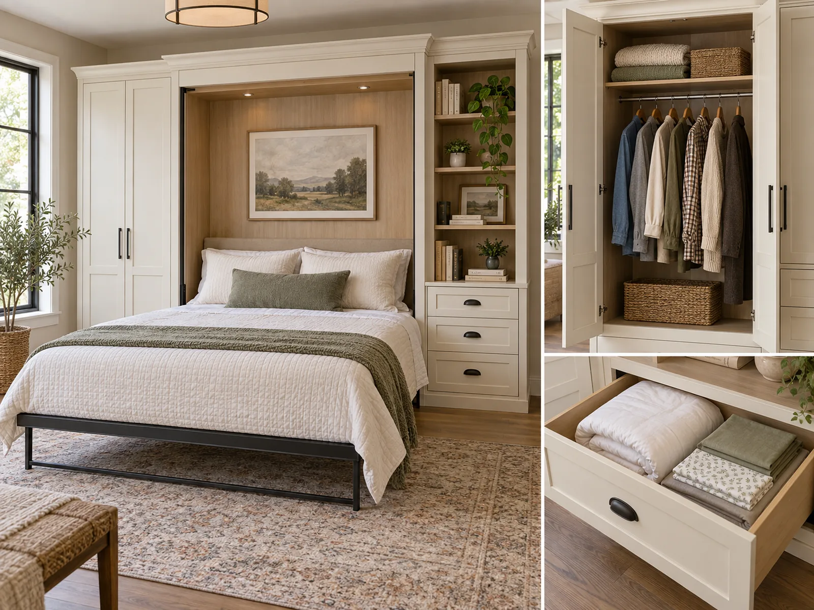 Wall bed with side wardrobes, bookcases and organized storage for clothing, bedding and books.