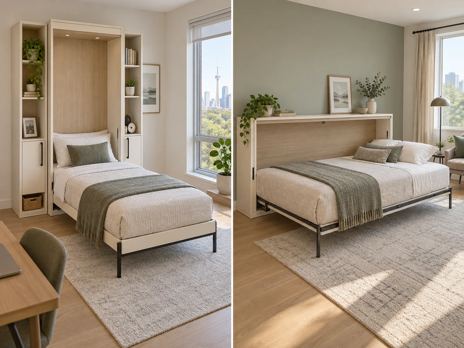 Planning concepts comparing an open vertical wall bed with an open horizontal wall bed and surrounding cabinetry.