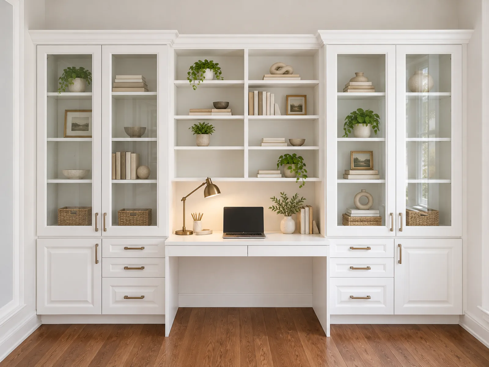 Completed Roomidea home office with white profiled cabinetry, a central built-in desk, open bookcases, glass-front display cabinets and lower storage