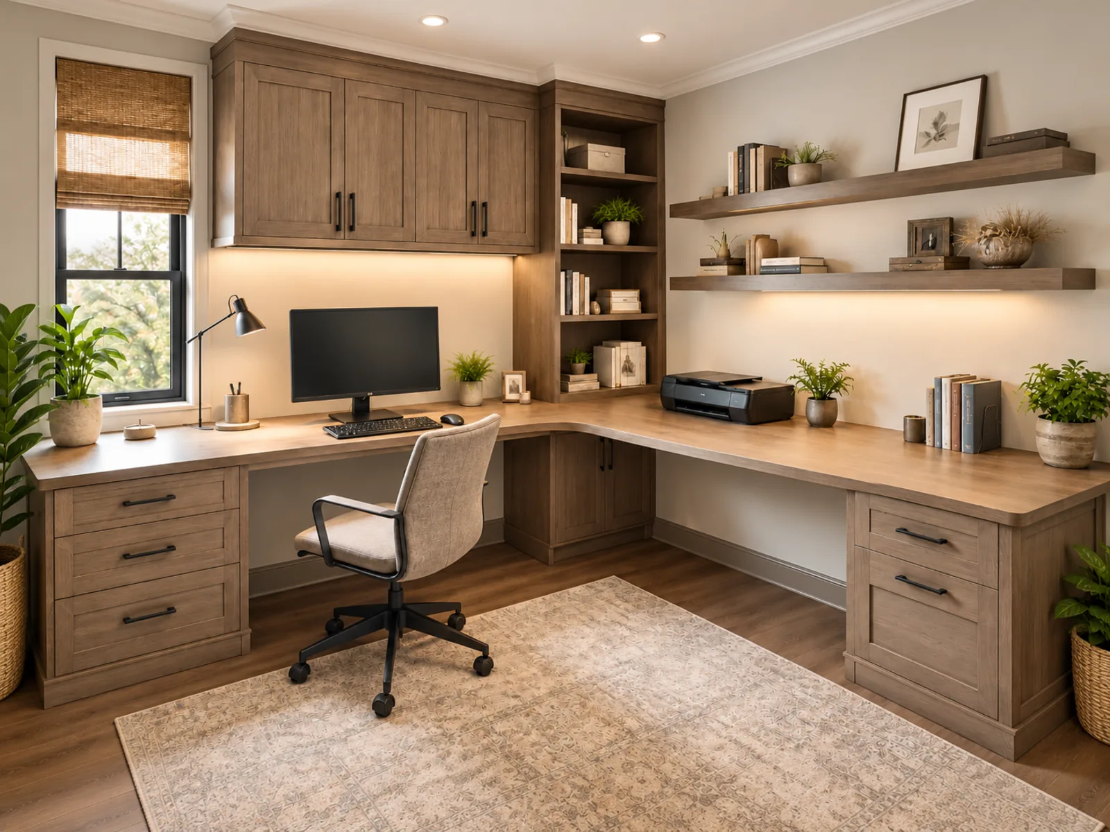 Completed home office with a wood-toned L-shaped desk, drawer storage, tall cabinets, an open bookcase and floating display shelves
