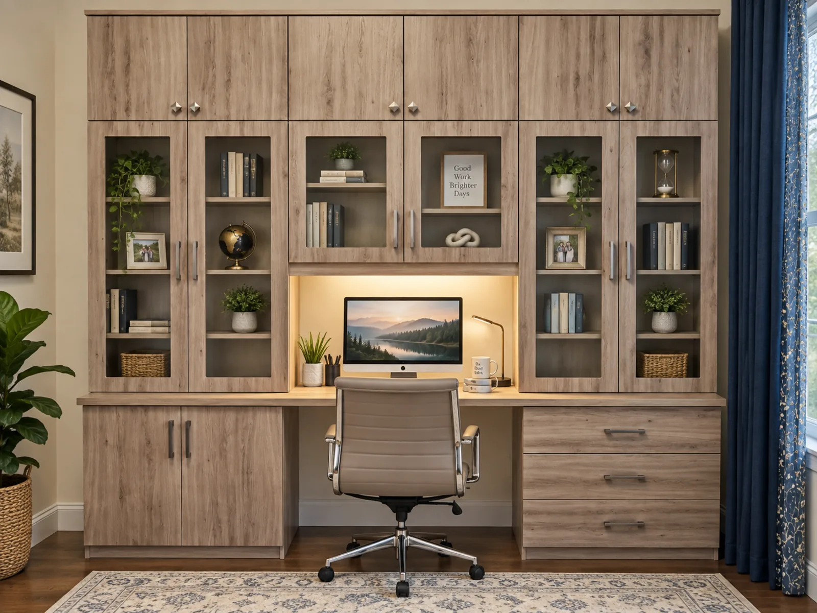 Completed Roomidea home office with woodgrain cabinetry, a central built-in desk, open display niches, tall storage and drawer cabinets