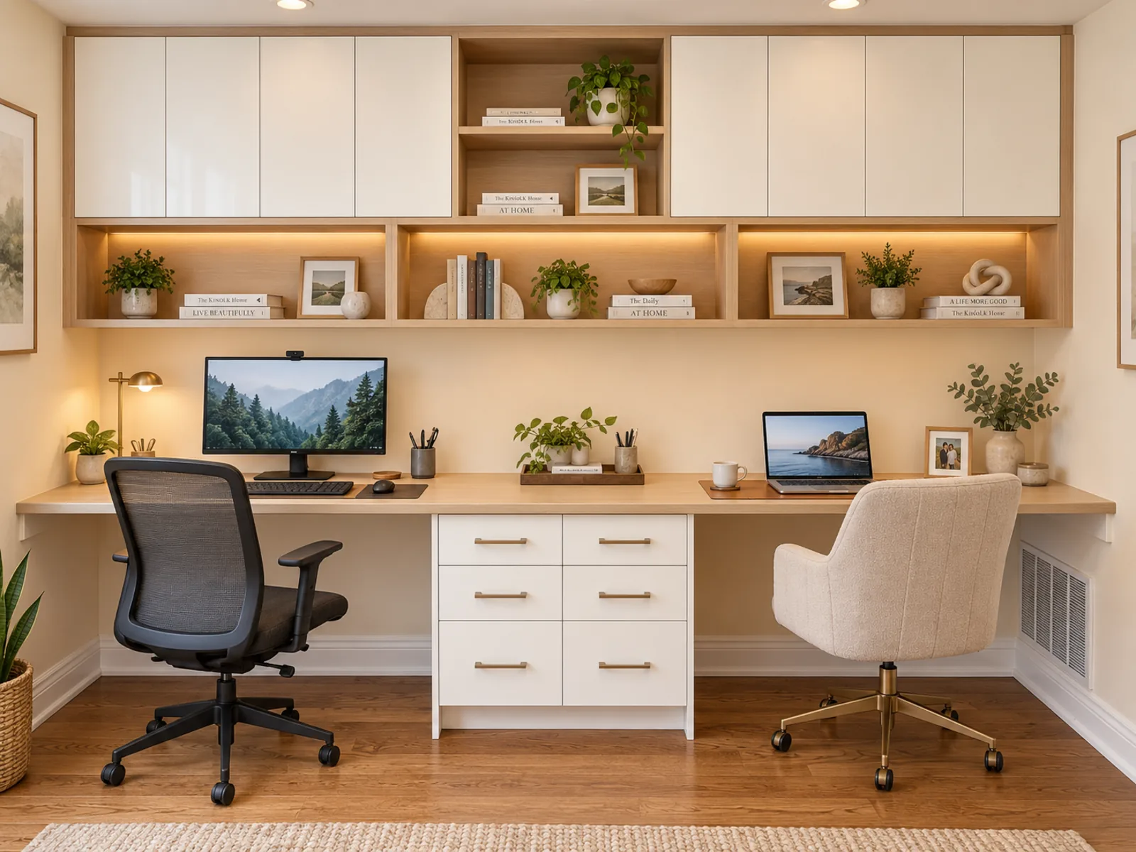 Completed two-person home office with a long built-in desk, central drawers, light upper cabinets and illuminated display niches