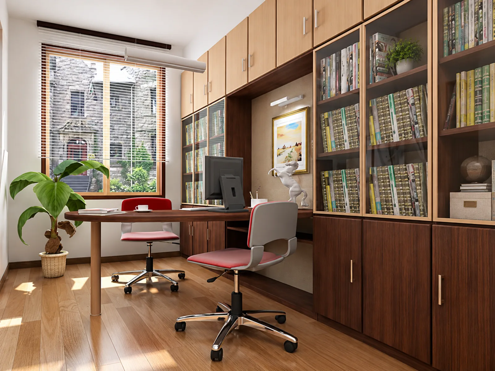 Completed home office library with floor-to-ceiling bookcases, glass-front displays, lower cabinets and a freestanding desk