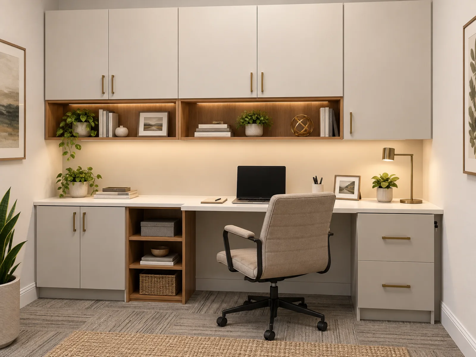 Completed Roomidea home office with light cabinetry, warm wood display niches, a compact built-in desk, overhead cabinets and drawer storage