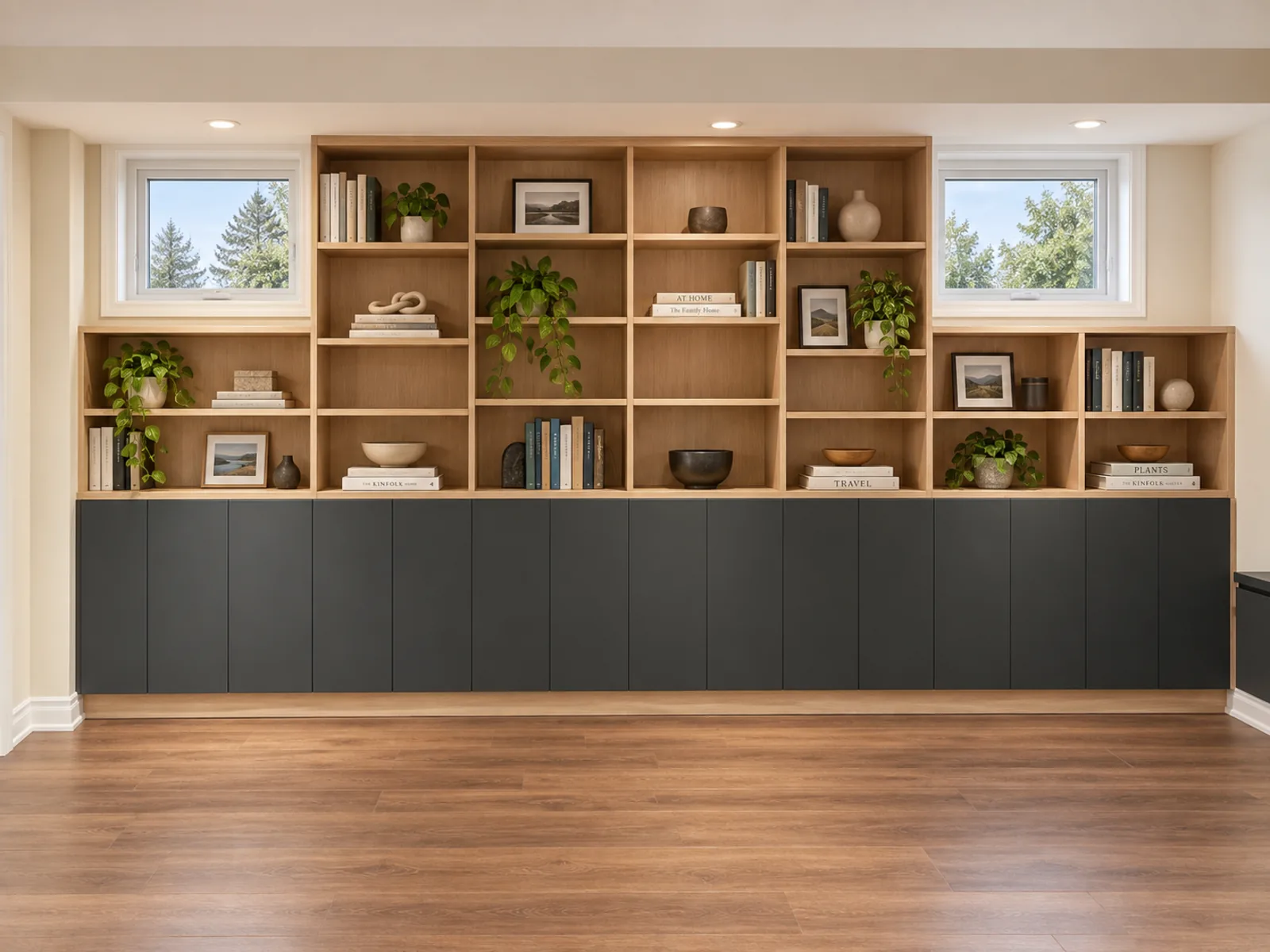 Completed home office with full-wall wood-toned bookcases above dark closed storage cabinets between two windows