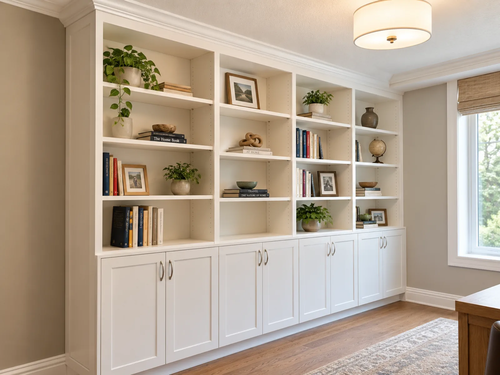 Completed Roomidea home office with open white bookcases, profiled base cabinets, display shelving and concealed office storage