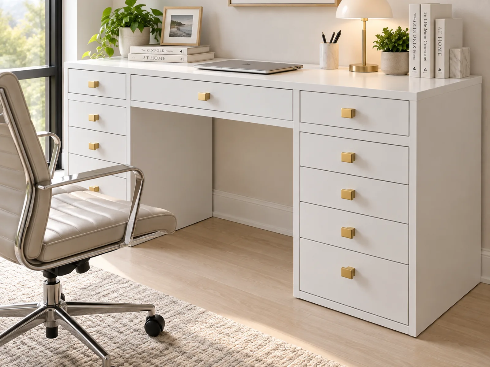 Completed Roomidea home office with a compact white desk, drawer banks on both sides, a wide centre drawer and clear leg space
