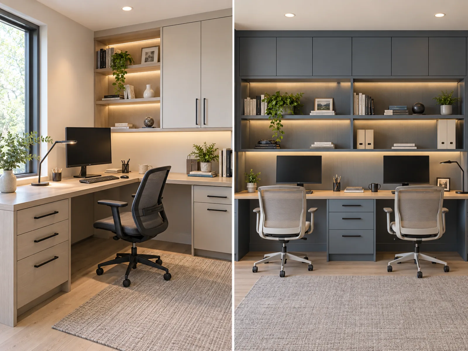 Built-in home office concepts showing an L-shaped desk and a shared two-person workspace with coordinated cabinetry.