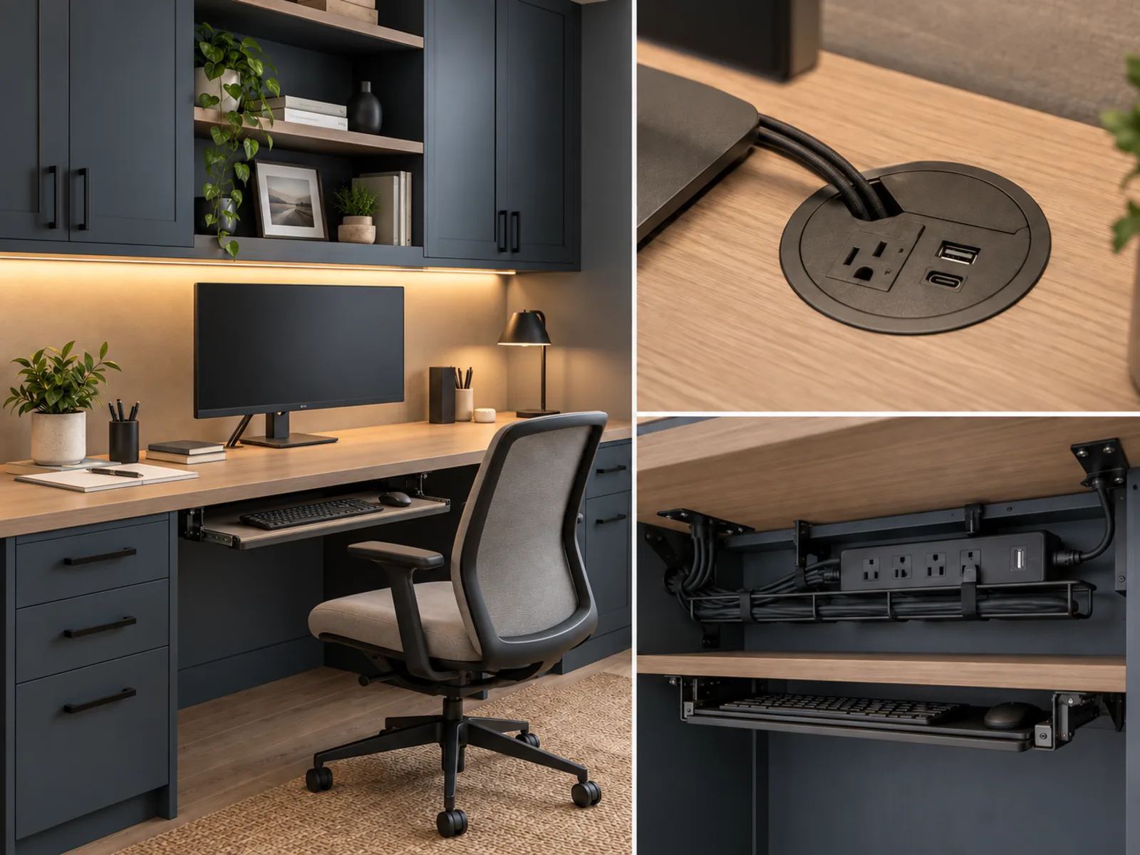 Home office cable management details showing task lighting, desktop power access and concealed under-desk wiring.