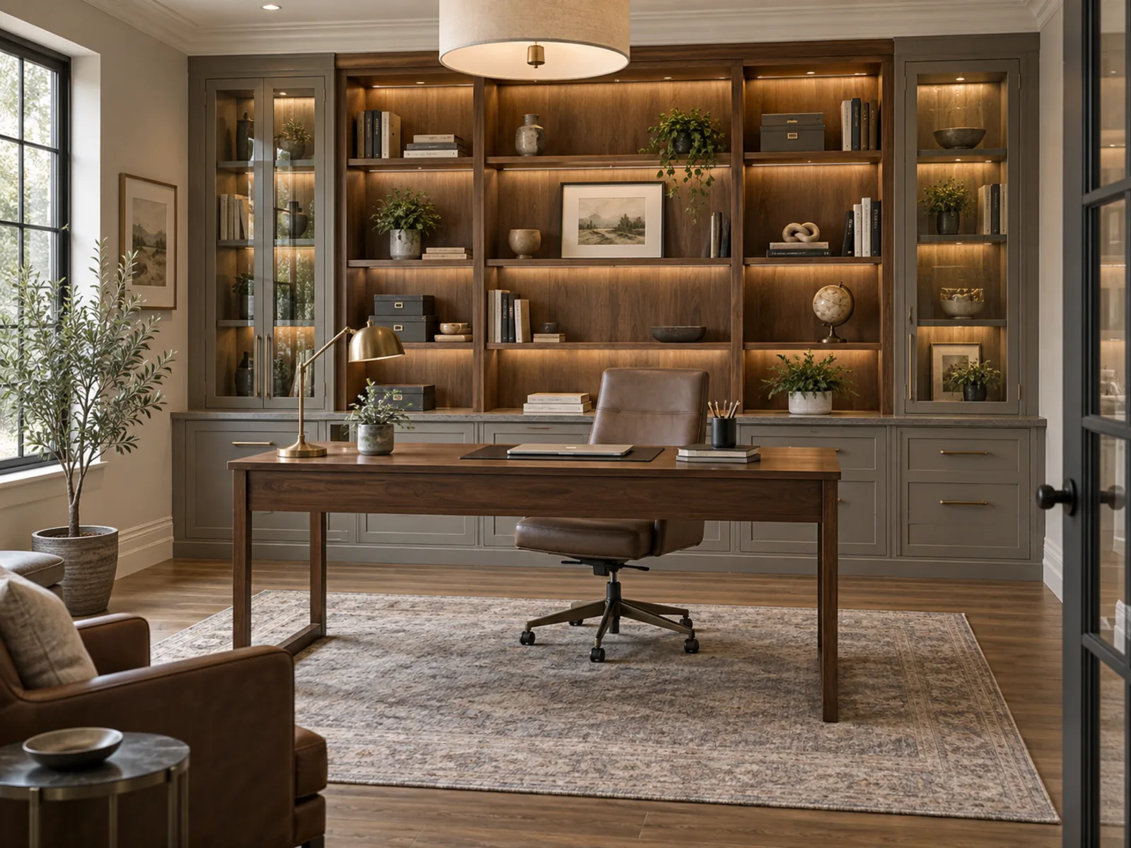 Custom home office with wall-to-wall bookcases, closed storage, display lighting and a freestanding desk.