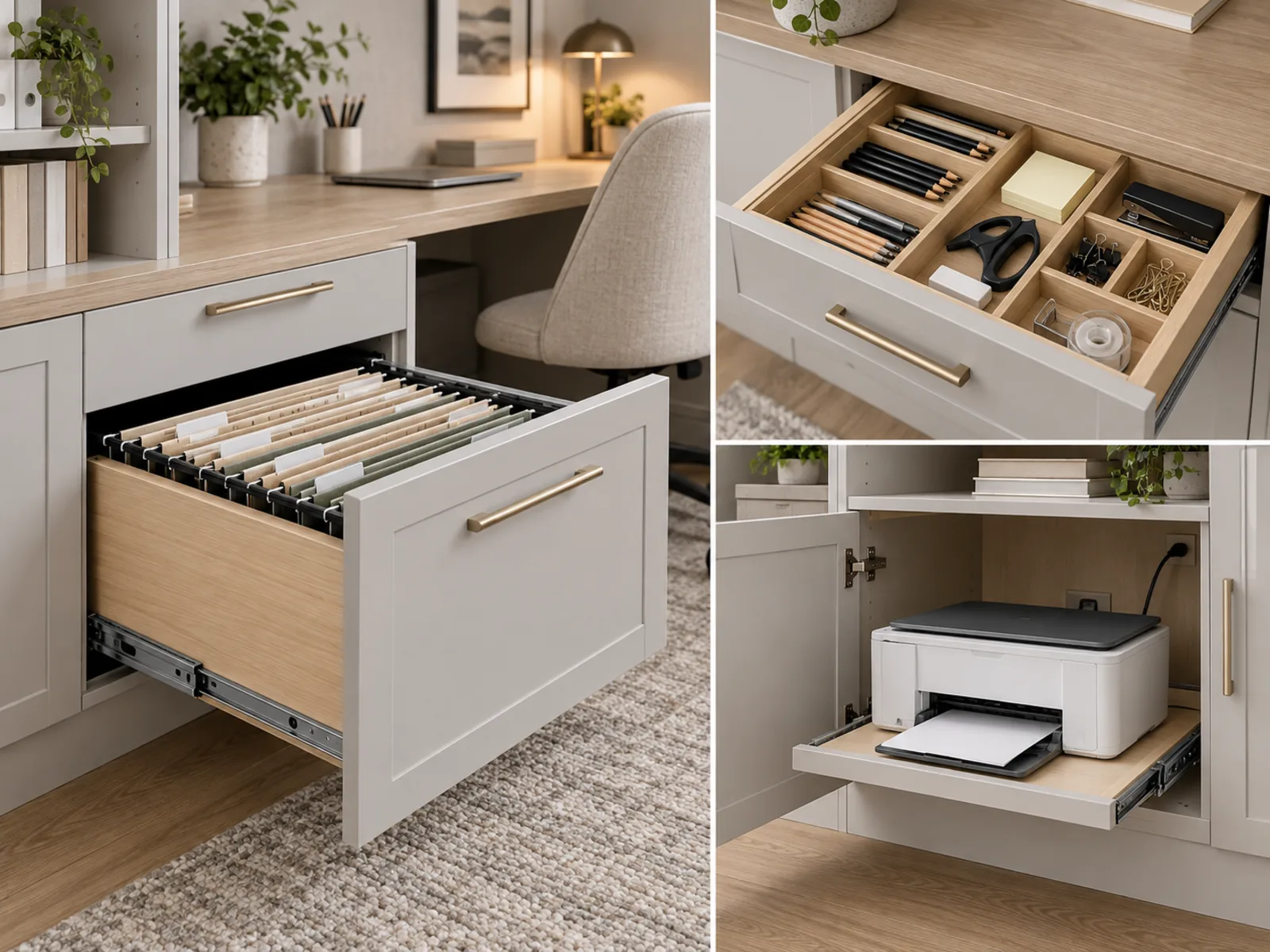 Home office storage details showing a hanging file drawer, divided stationery drawer and pull-out printer shelf.