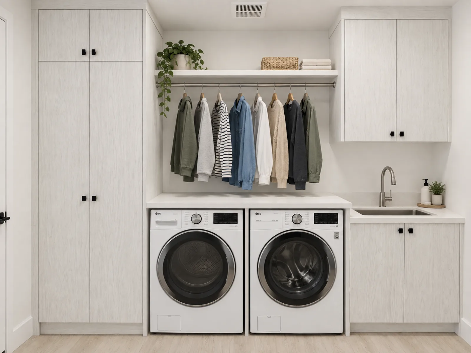 Completed Roomidea laundry room with side-by-side washer and dryer, a hanging rail, tall cabinets, upper storage and a utility sink cabinet