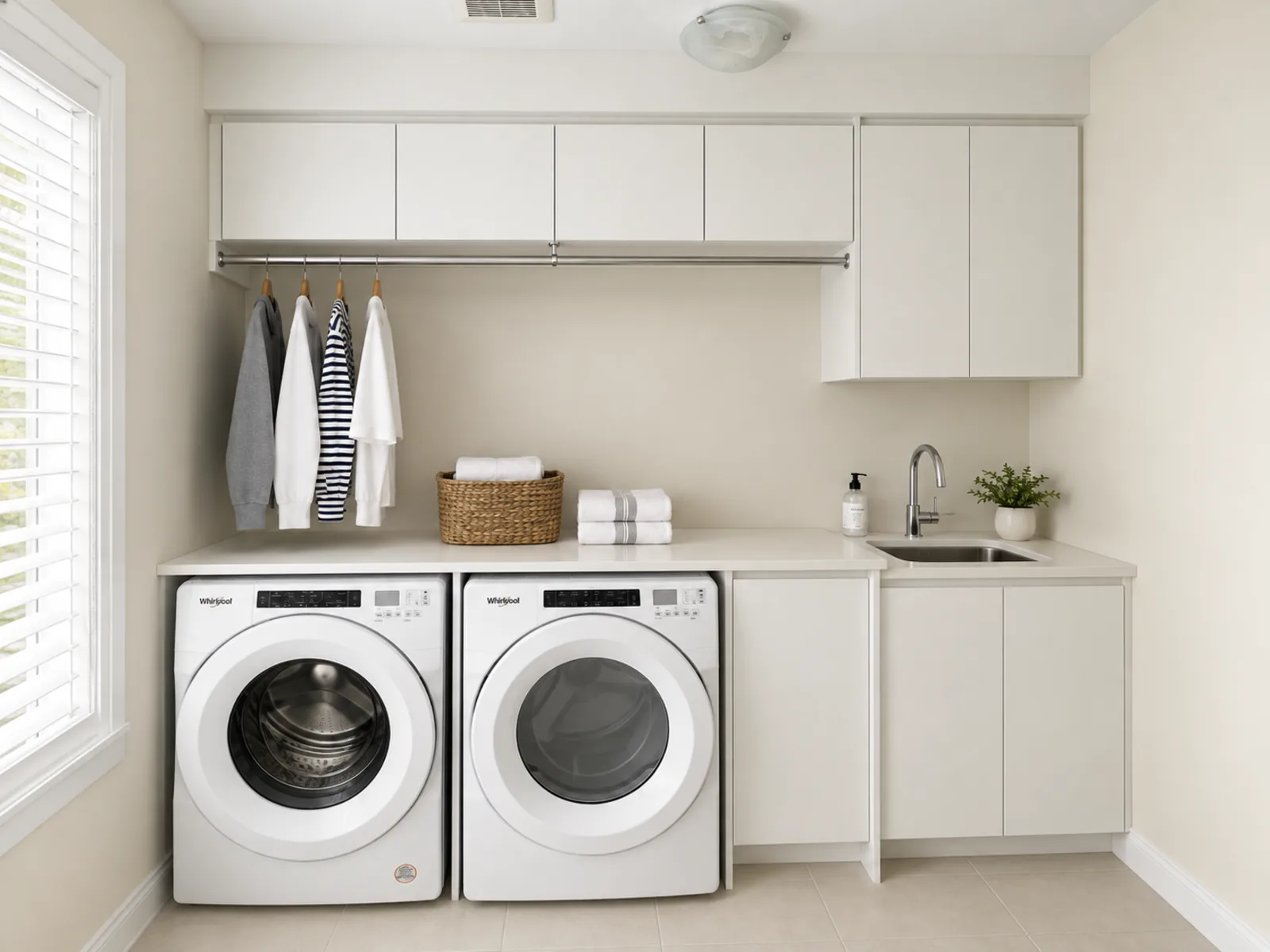 Completed Roomidea window-side laundry room with upper cabinets, a hanging rail, side-by-side washer and dryer, a folding counter and sink cabinet