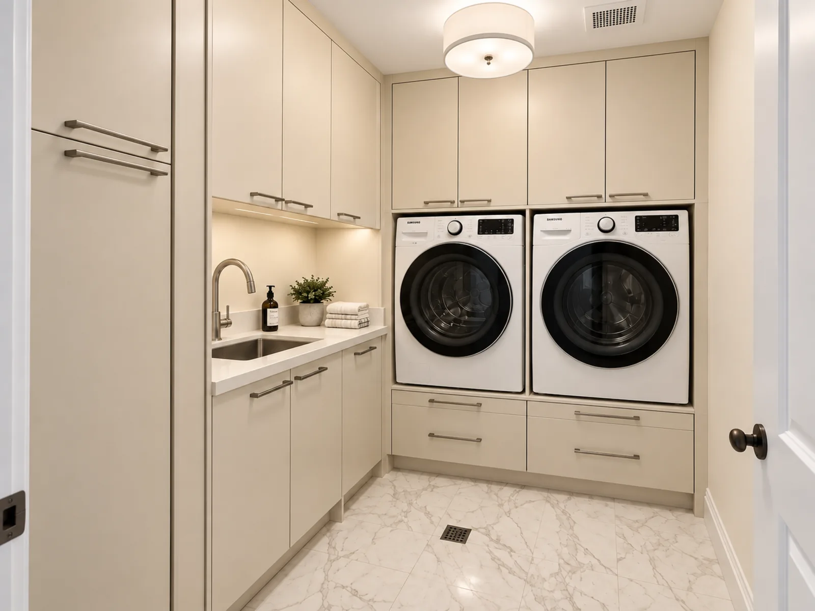 Completed Roomidea laundry room with raised side-by-side washer and dryer, full-height cabinets, an illuminated sink area and lower cabinet storage