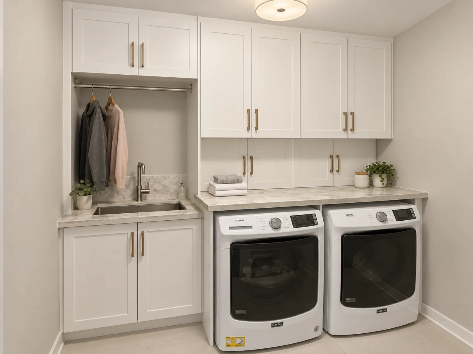 Completed Roomidea laundry room with a utility sink cabinet, hanging rail, upper storage and a counter extending above side-by-side washer and dryer