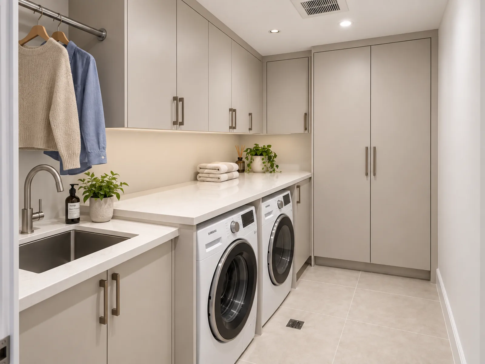 Completed Roomidea laundry room with a utility sink cabinet, side-by-side washer and dryer, a long folding counter, upper cabinets and tall storage
