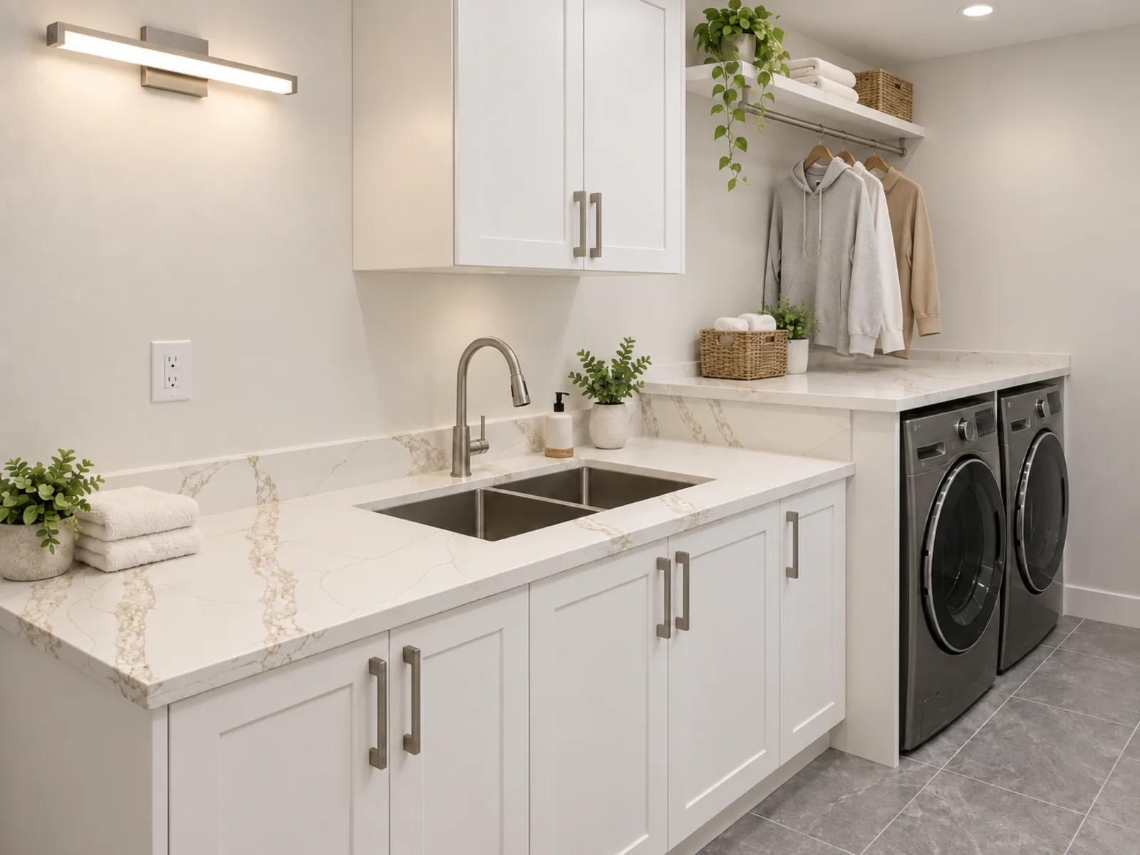 Completed Roomidea laundry room with profiled sink cabinets, a split-level folding counter, hanging rail and side-by-side laundry machines