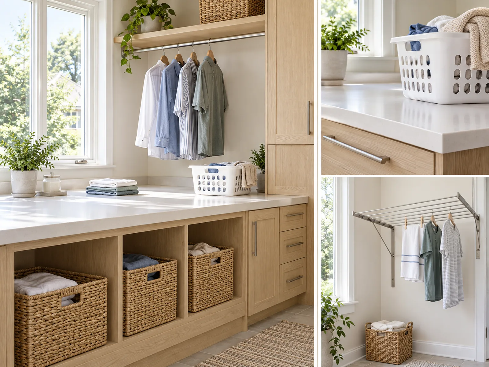 Laundry work area with a folding counter, hanging rail, wall-mounted drying rack and basket storage.