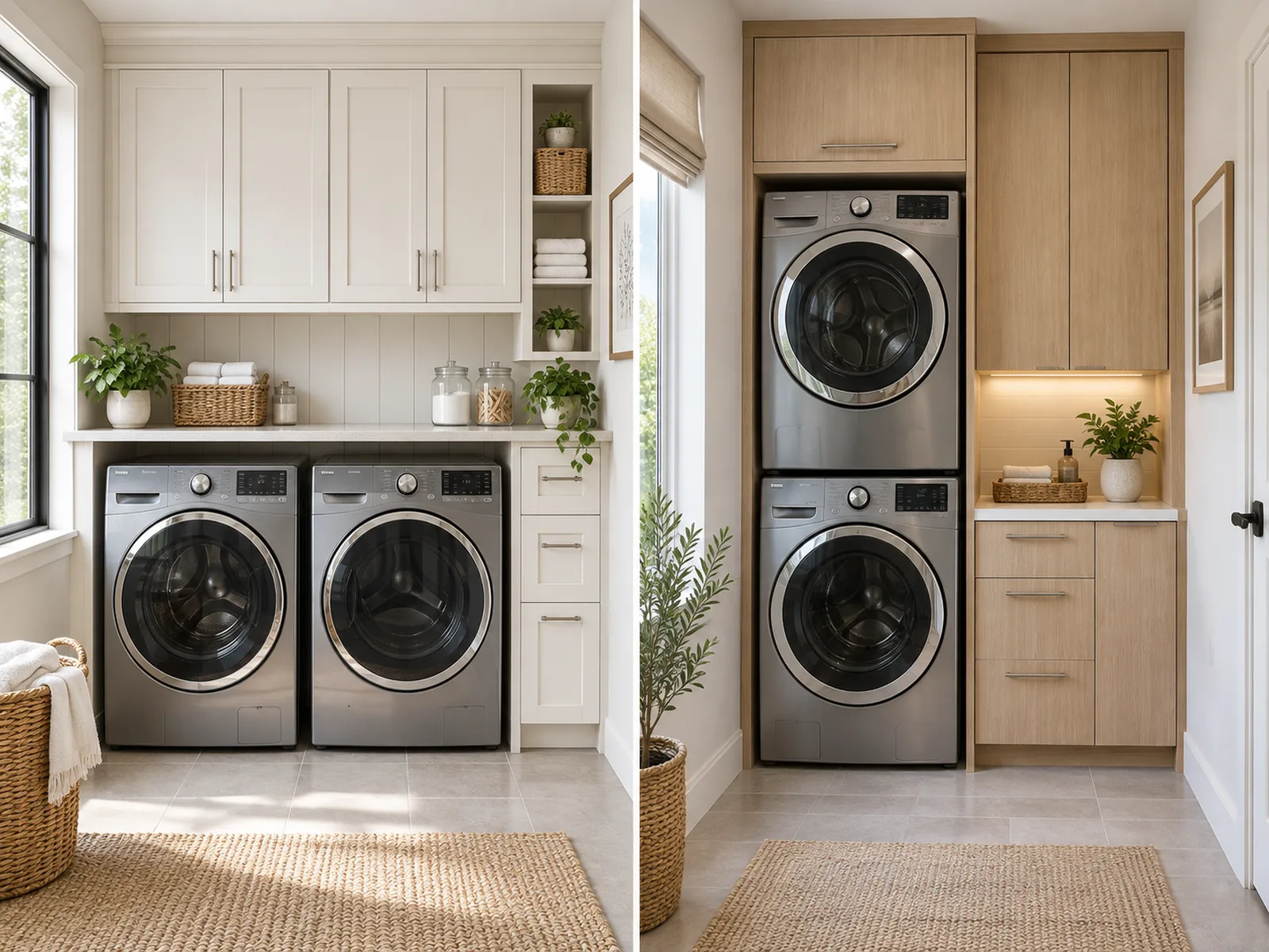 Laundry room planning concepts comparing side-by-side appliances below a folding counter with stacked appliances and surrounding cabinetry.