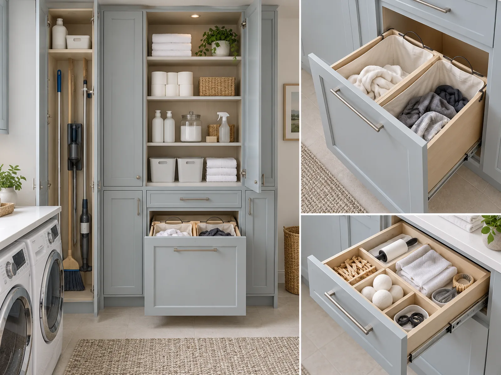 Laundry cabinet storage showing tall cleaning-tool storage, pull-out hampers and an organized drawer for small items.