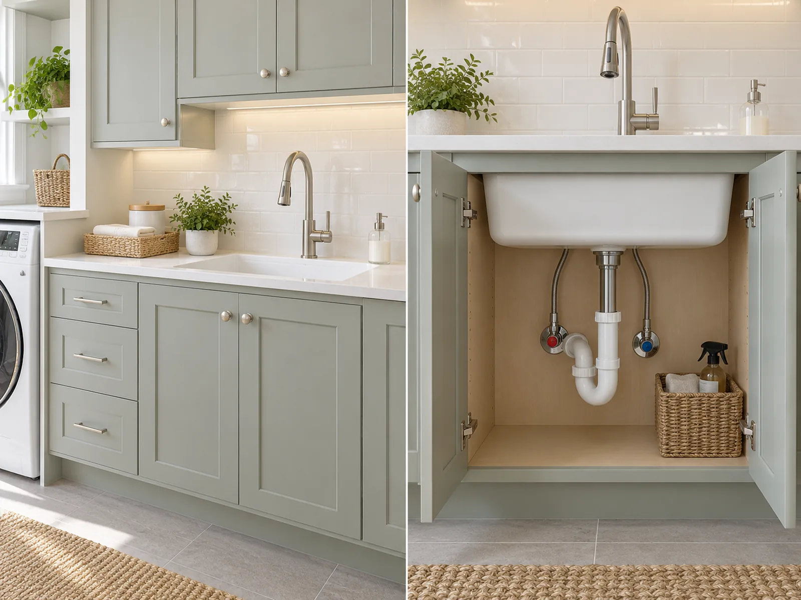 Laundry utility sink cabinetry with a close-up of under-sink plumbing and accessible service space.